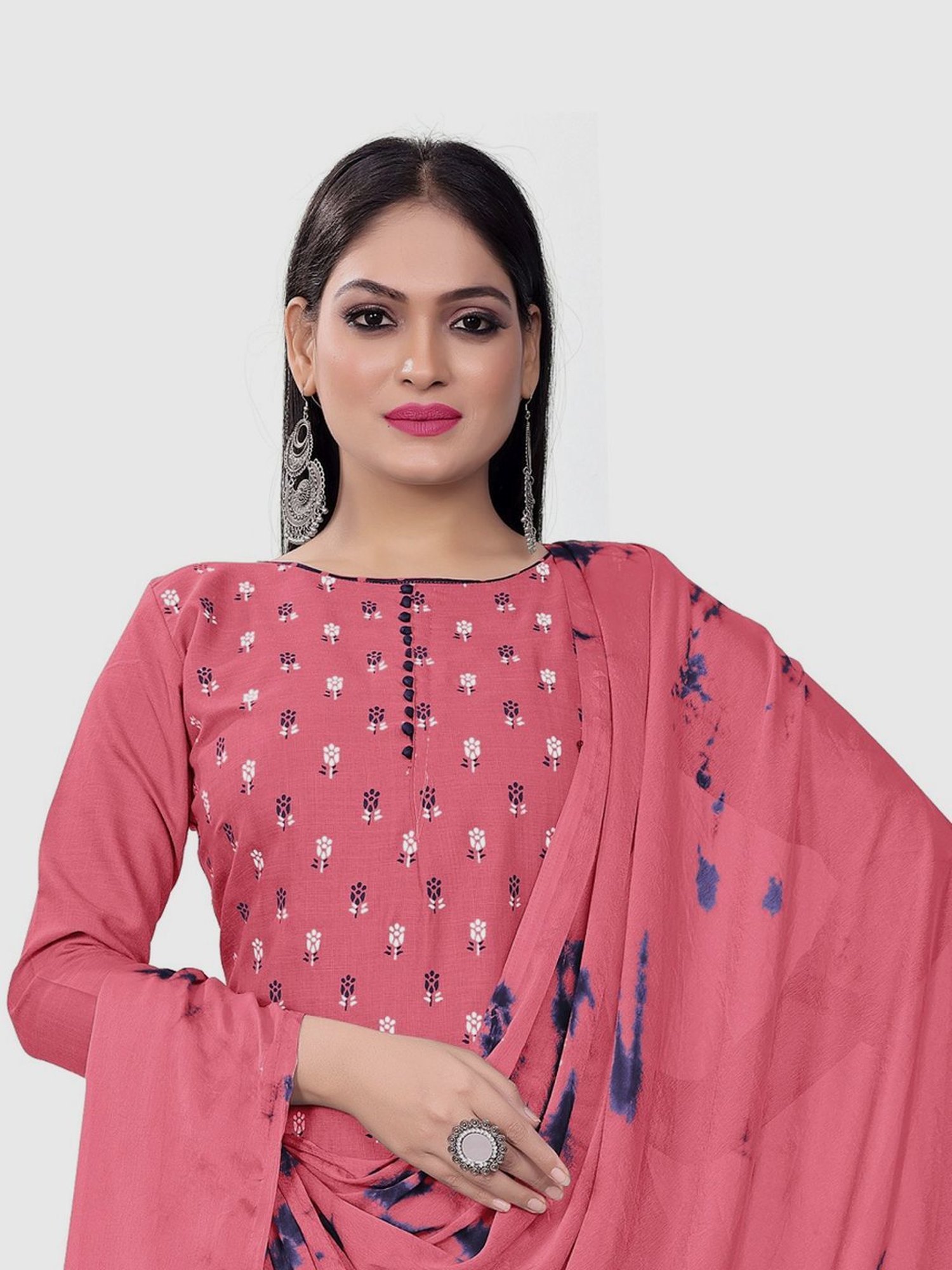 APNISHA Peach & Blue Cotton Printed Unstitched Dress Material
