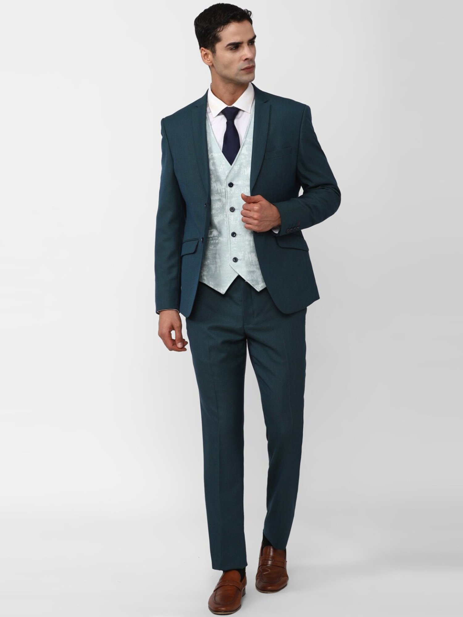 Van Heusen Navy Skinny Fit Checks Three Piece Suit