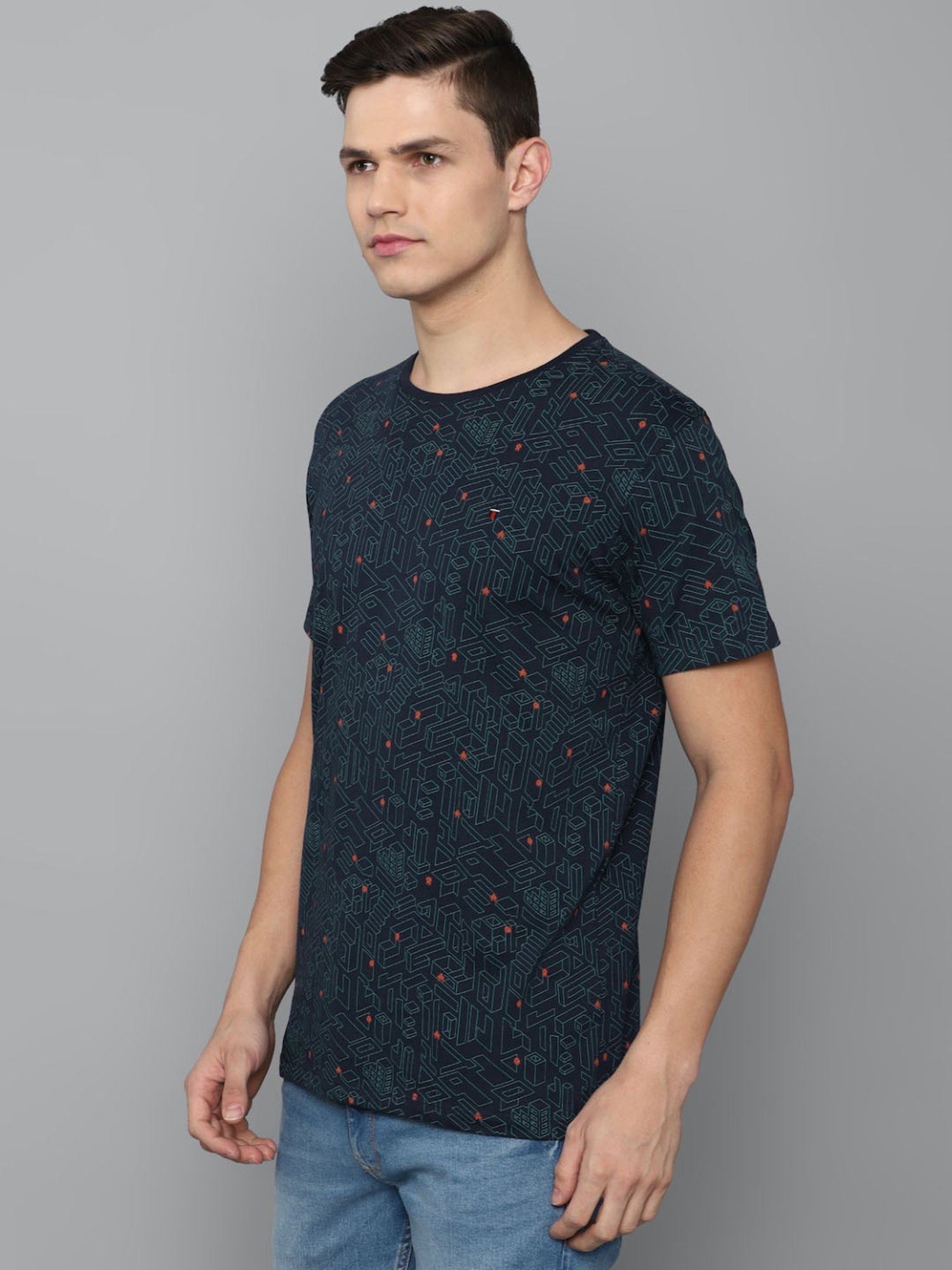 Louis Philippe Jeans Navy Cotton Slim Fit Printed T-Shirt