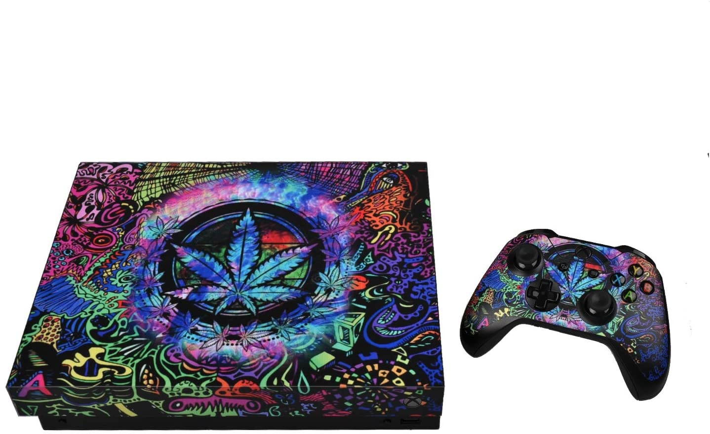 eXtremeRate Full Set Faceplates Skin Stickers for Xbox One X Console Controller with 2 Pcs Home Button Decals - Psychedelic Cannabis