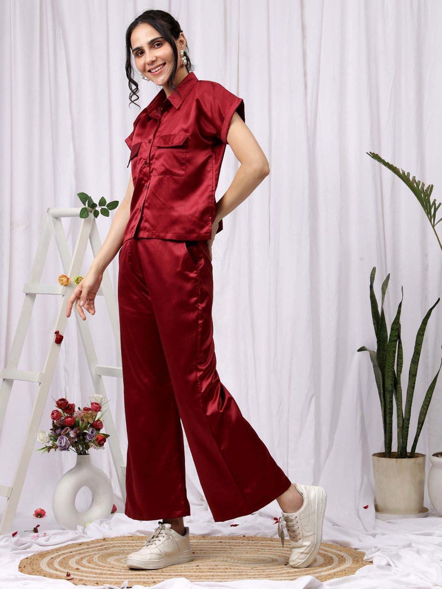 NEUDIS Maroon Plain Shirt Pants Set