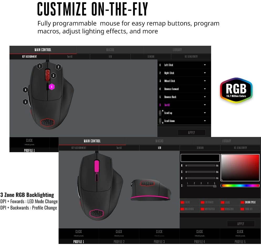 Cooler Master SGM-2007-KLON1 MasterMouse MM520 Claw Grip Gaming Mouse, 7 Buttons, RGB LED 3 Zone Light, On-The-Fly DPI 12000, Lag-Free