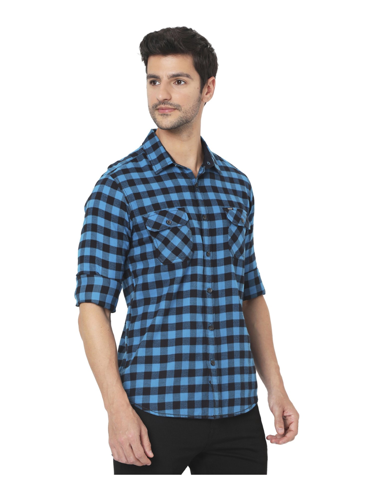 Mufti Blue & Black Cotton Slim Fit Checks Shirt