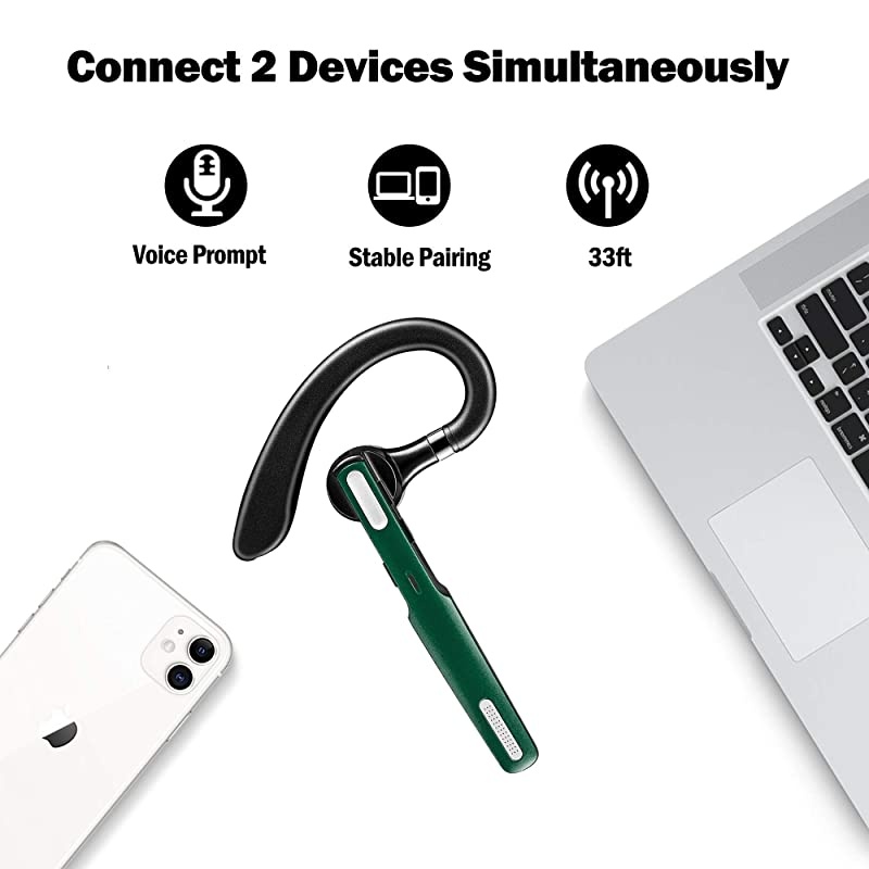 Bluetooth Headset  Wireless Bluetooth Earpiece V41HandsFree Earphones with Noise Cancellation Mic forBusinessOfficeDriving Compatible with Android Dark Green