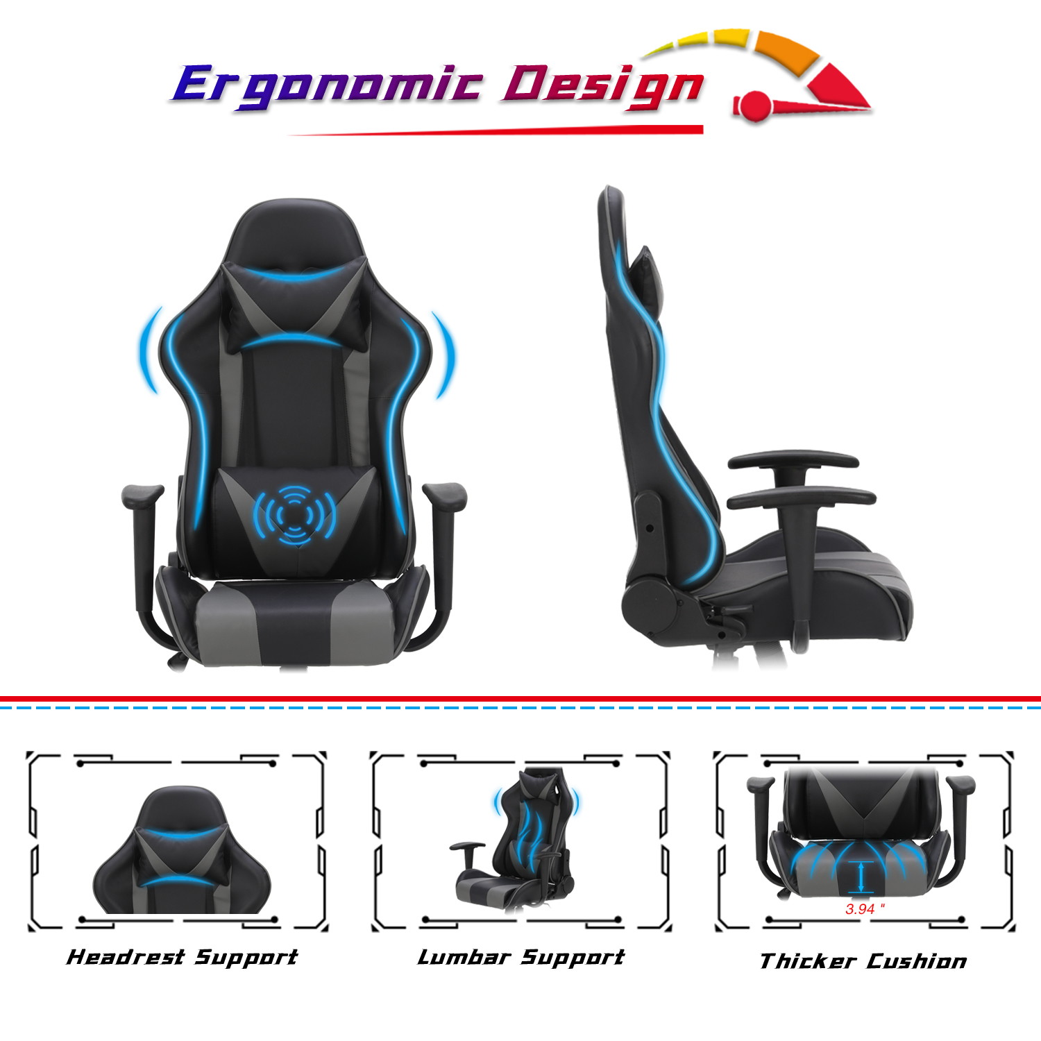 Racing Style Ergonomic Computer Gaming Chair Massage Chair with High-Back Swivel PU Leather, Seat Height Adjustable, and Lumbar & Head Support