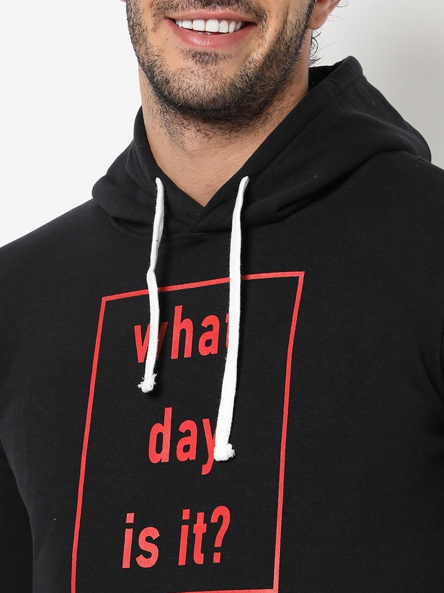 Campus Sutra Black Cotton Regular Fit Printed Hooded Sweatshirt