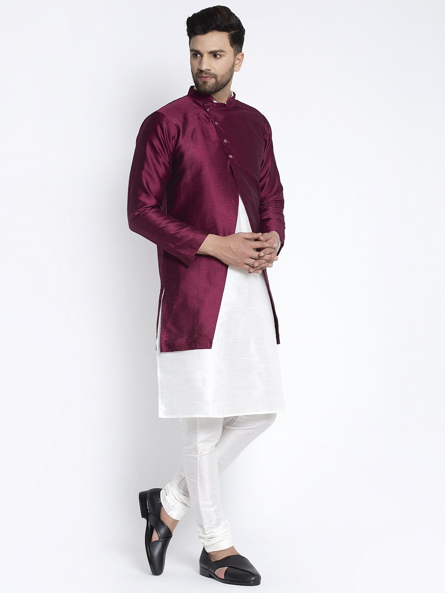 Benstoke White & Wine Regular Fit Self Pattern Kurta Set With Jacket