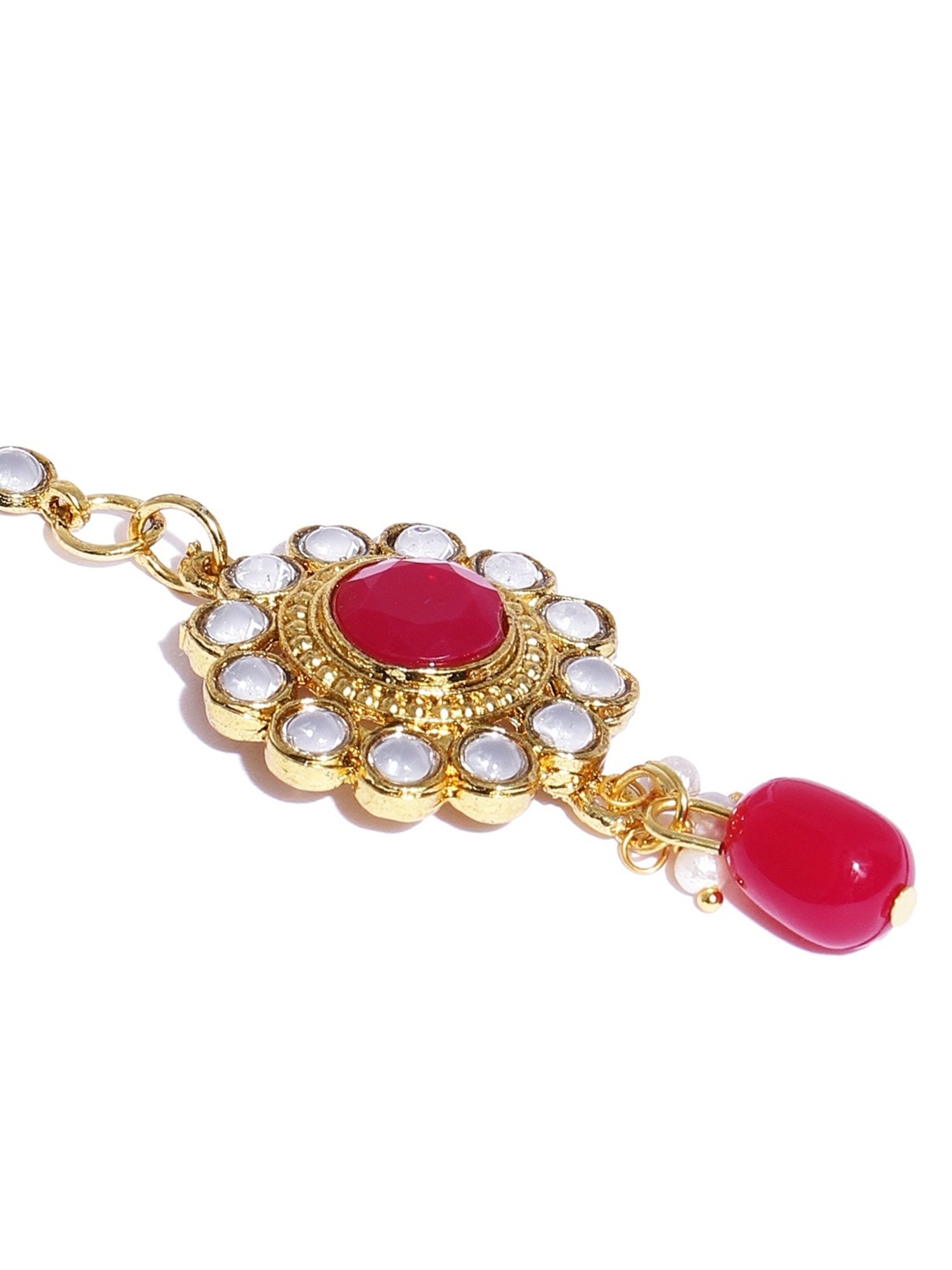 Zaveri Pearls Rani Pink Kundan And Dangling Beads Necklace Earring Maangtikka Set-ZPFK8865