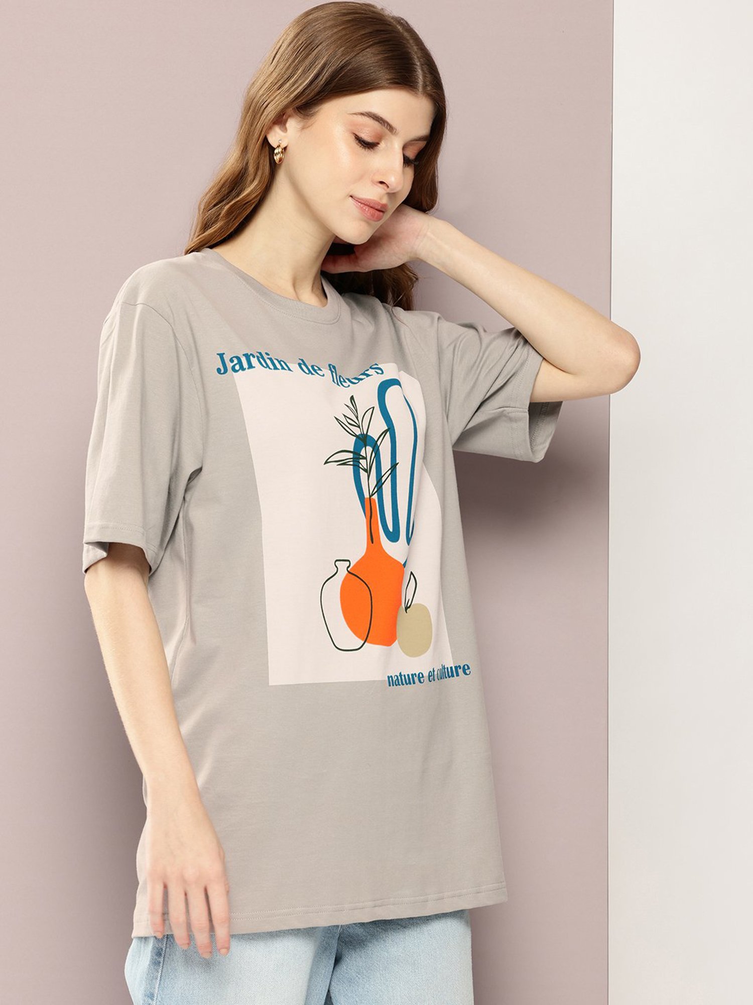 Dillinger Grey Cotton Graphic Print Oversized T-Shirt