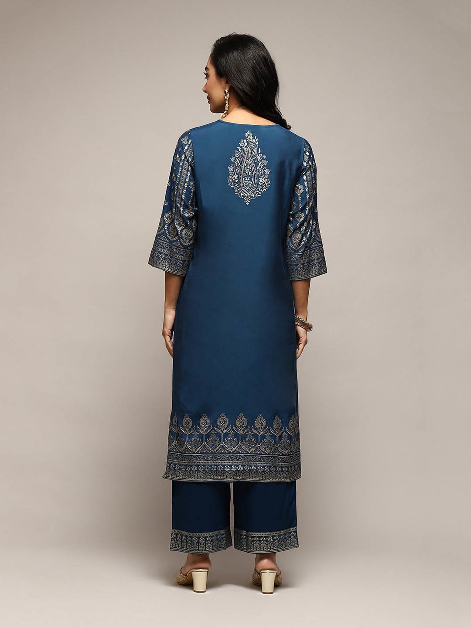 Biba Teal Printed Kurta With Palazzo & Dupatta