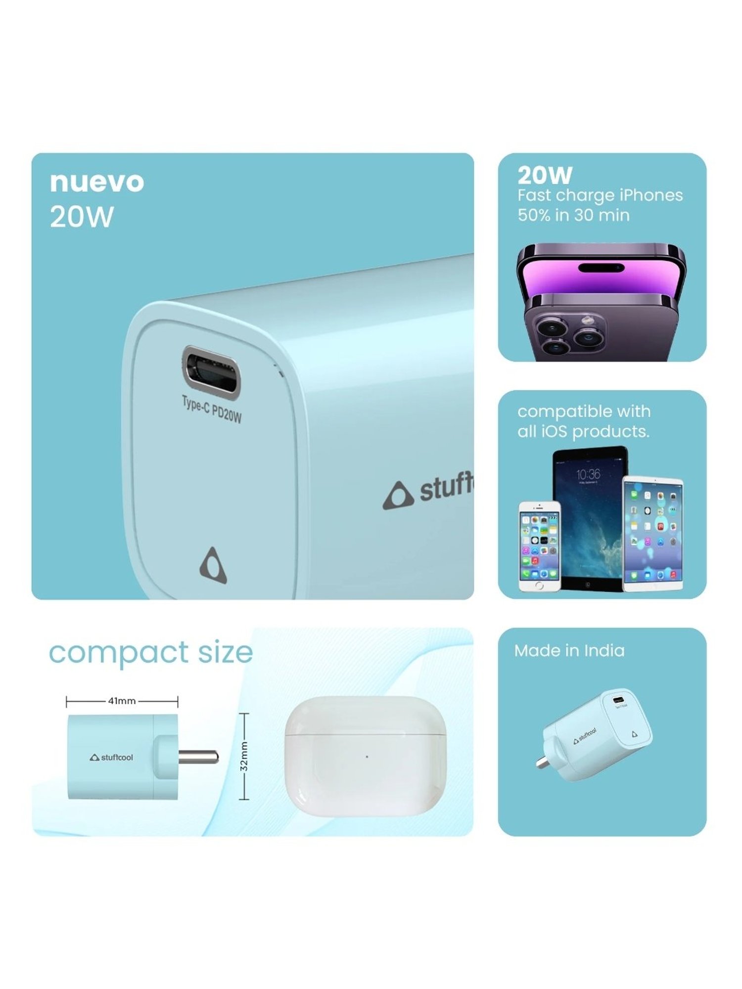 Stuffcool Nuevo PD 20W Smallest Wall Charger (Blue)
