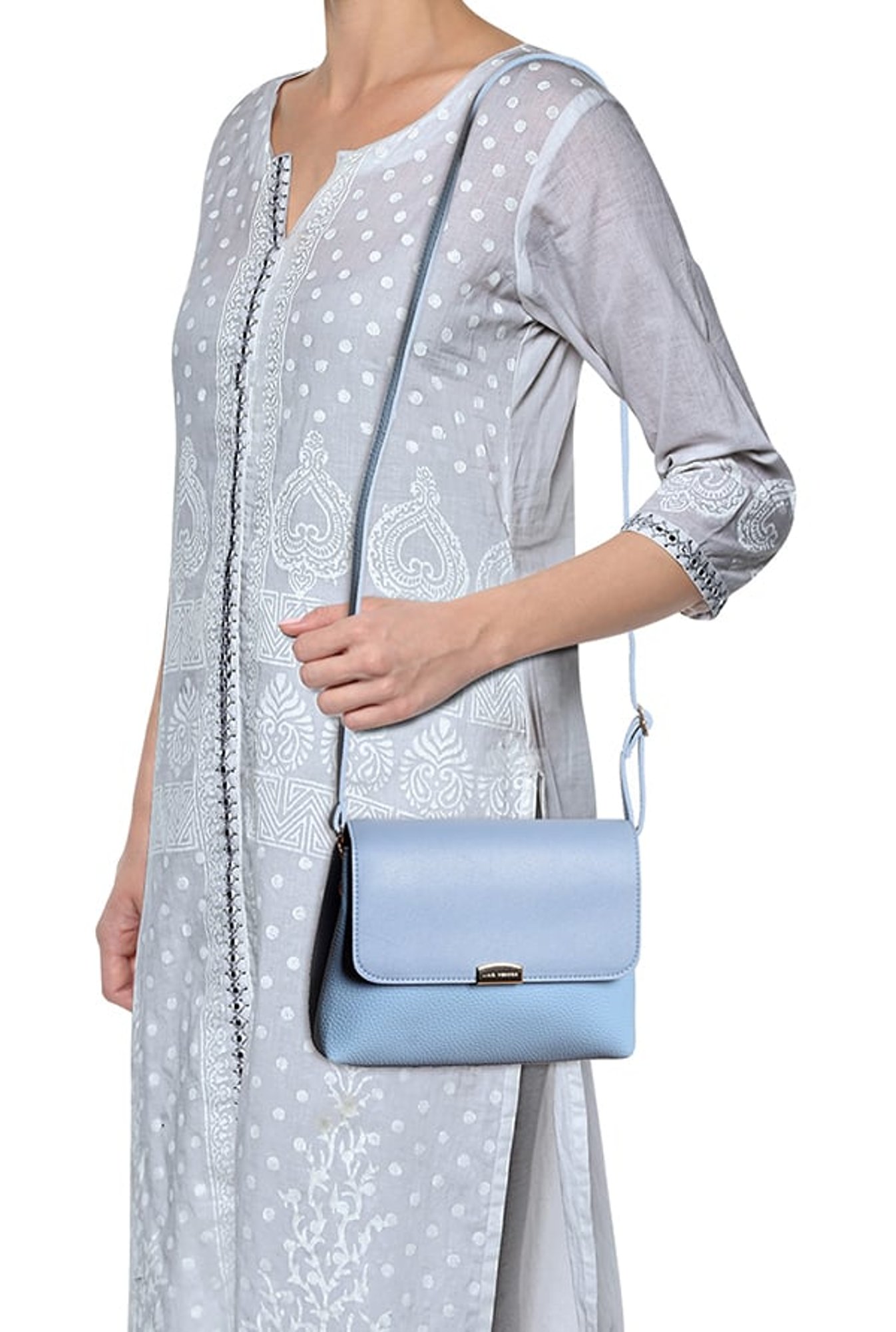 Lino Perros Blue Solid Flap Sling Bag