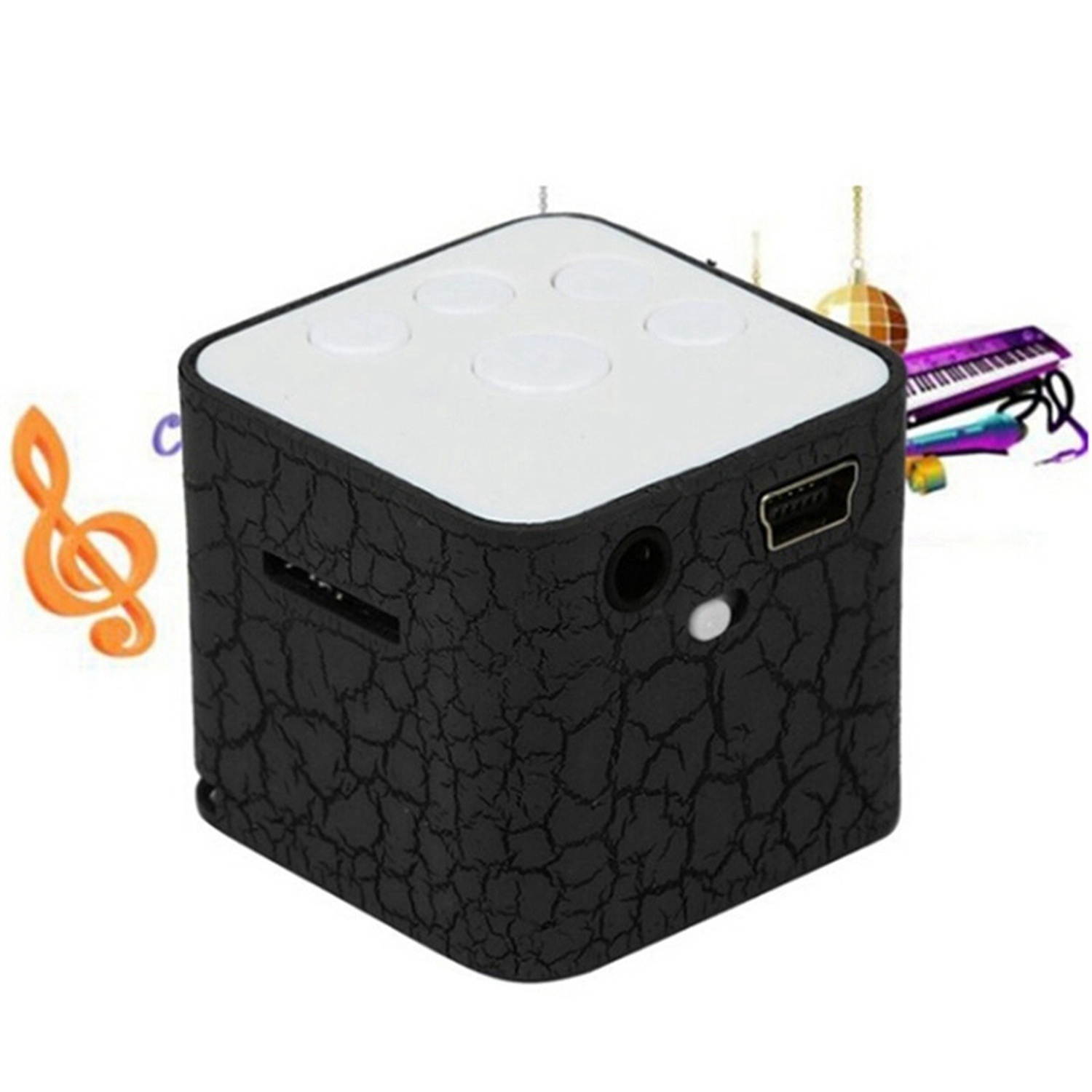 2 Pcs External Sound 120Mah Mini USB 4H MP3 Player 32X30X30mm Colorful Light 3.5mm Mp3 Music Player Support TF SD Card with Speakers, Black & Blue