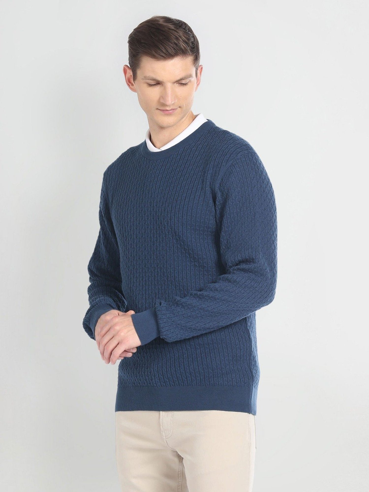 Arrow Navy Regular Fit Self Pattern Sweater