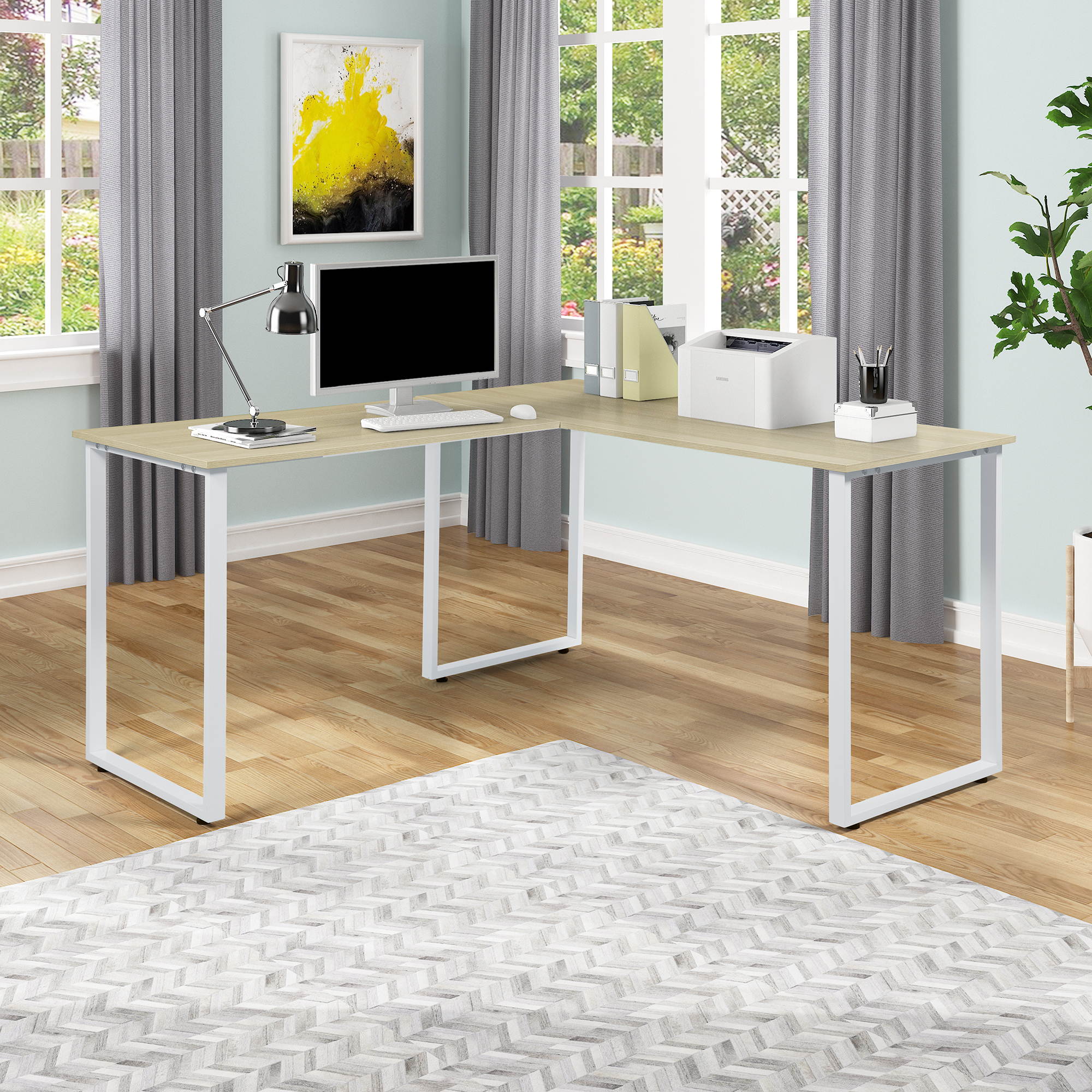 66" L Shape Desk Computer Desk Study Writing Table Home Office Desk Gaming Desk with Bag Hook and Cloth Drawer Storage Bag,Wood & Metal Pella Oak