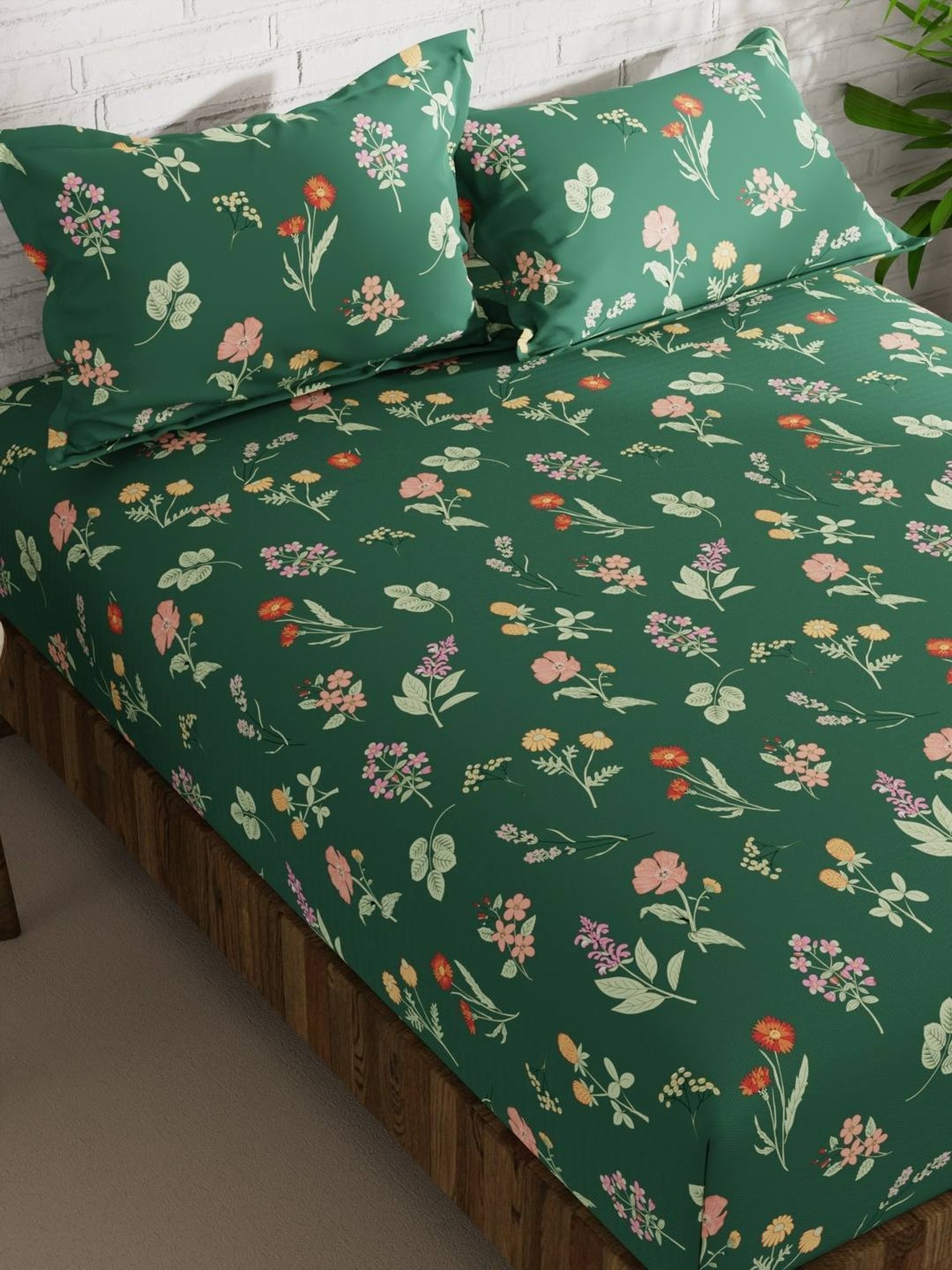 Bianca KOPA Extra Smooth Floral Fern Green 152 TC Microfiber Double Bedsheet with 2 Pillow Covers