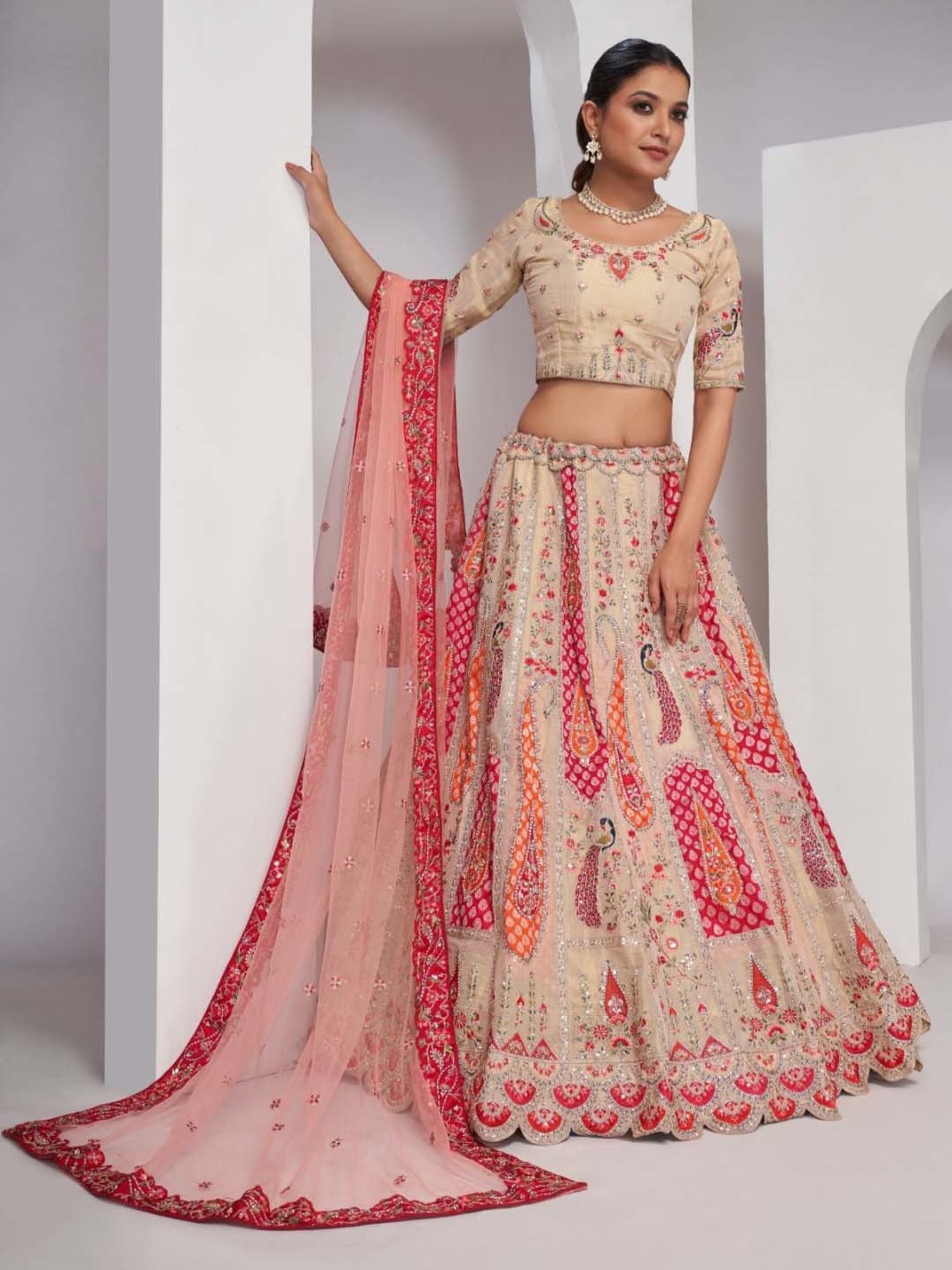 Odette Beige Embroidered Lehenga Choli Set With Dupatta