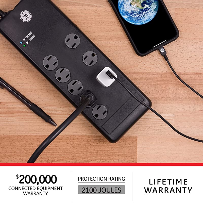 Pro 7-Outlet Sur Protector, 4 Ft Power Cord, 2100 Joules, 3 Adapter Spaced Outlets, Flat Plug, Twist to Close Safety Covers, Power Filter, Circuit Breaker, Warranty, UL Listed, Black, 37451