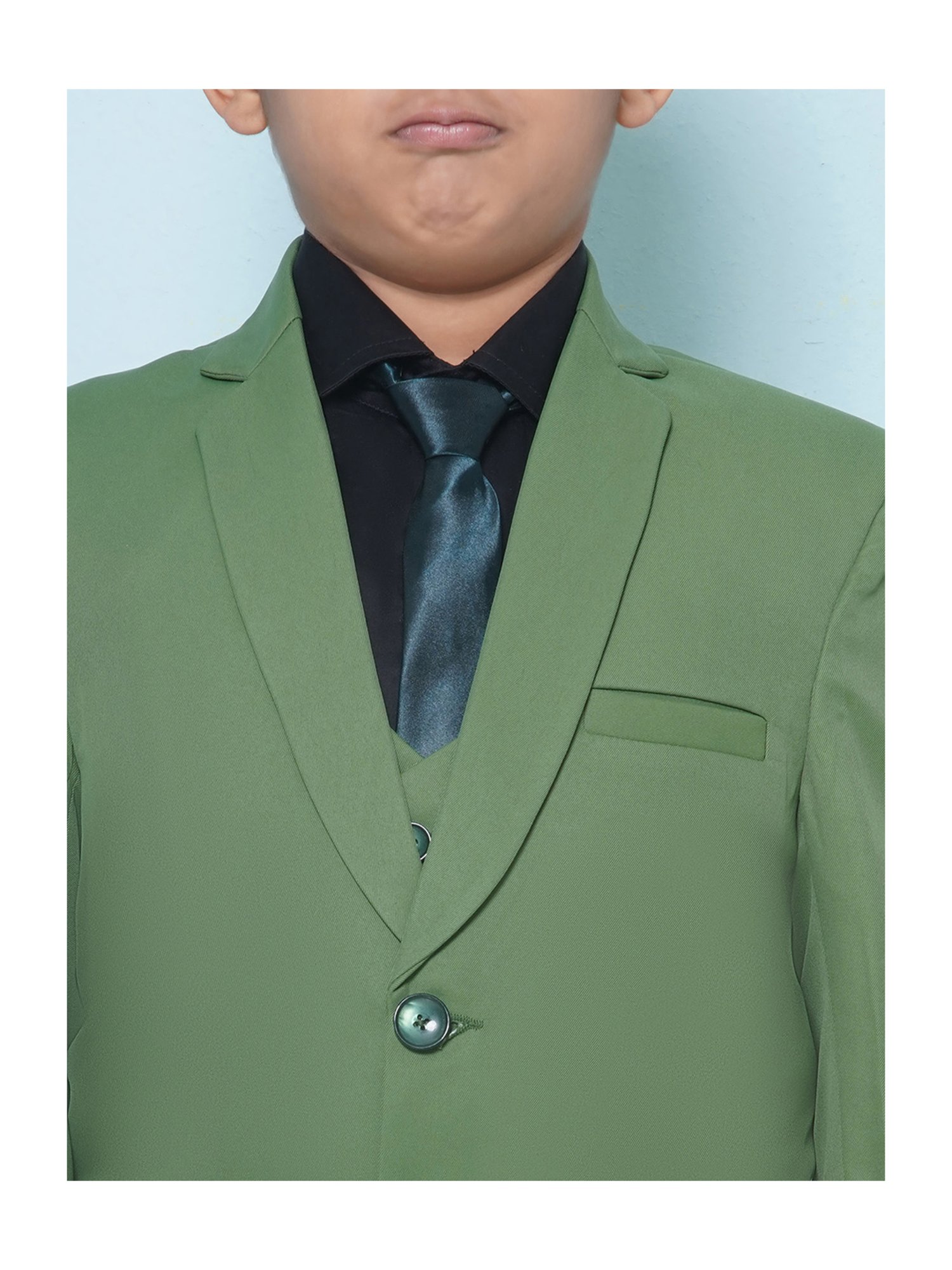 AJ Dezines Kids Sky Blue & Black Solid Full Sleeves Shirt, Pants, Coat, Waistcoat with Tie