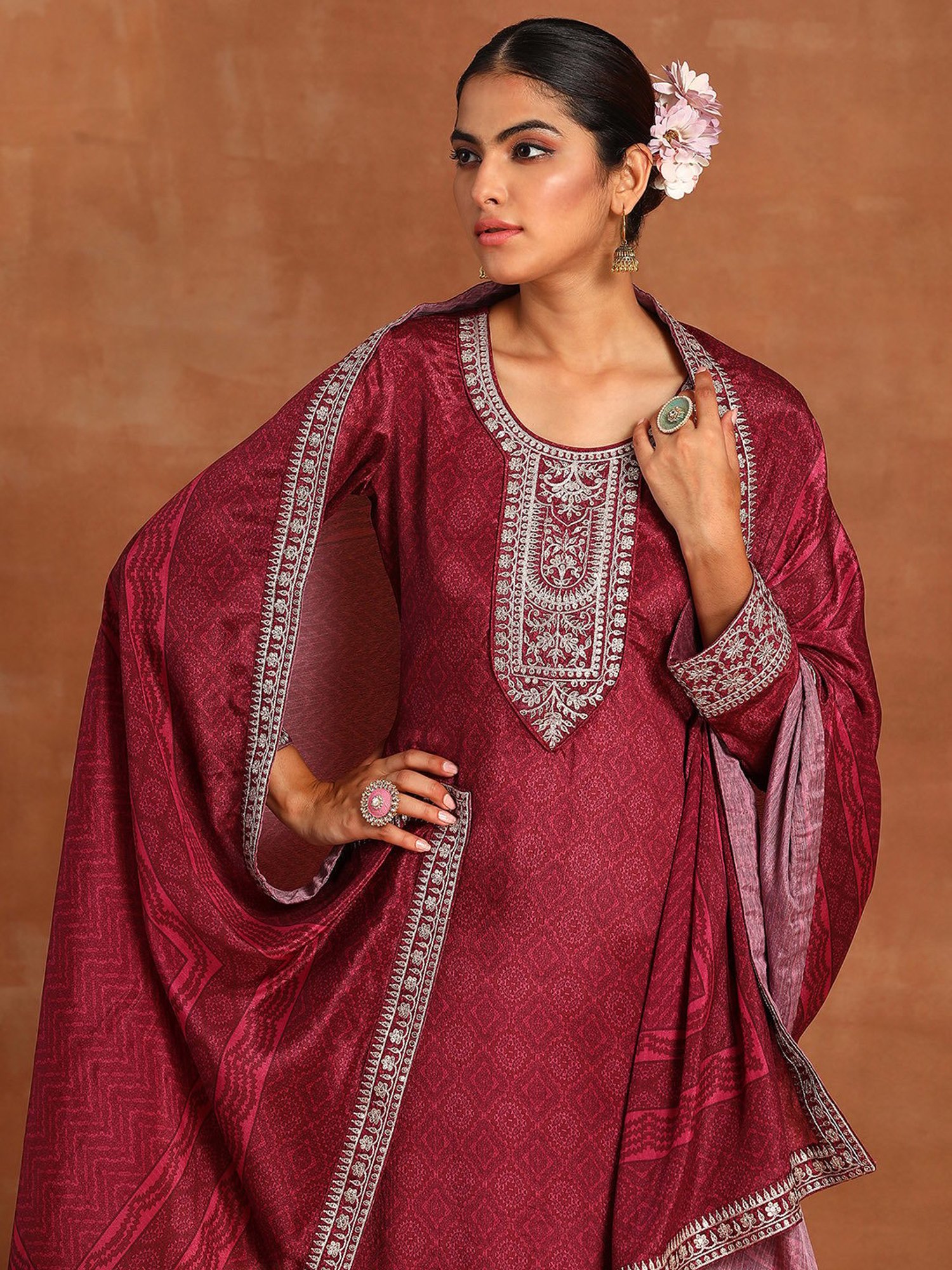 Indo Era Maroon Embroidered Kurta With Pant & Dupatta