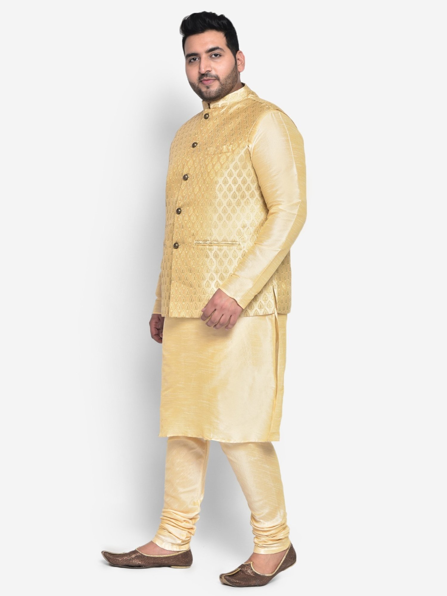 KISAH PLUS Beige Regular Fit Jacquard Kurta Set With Jacket