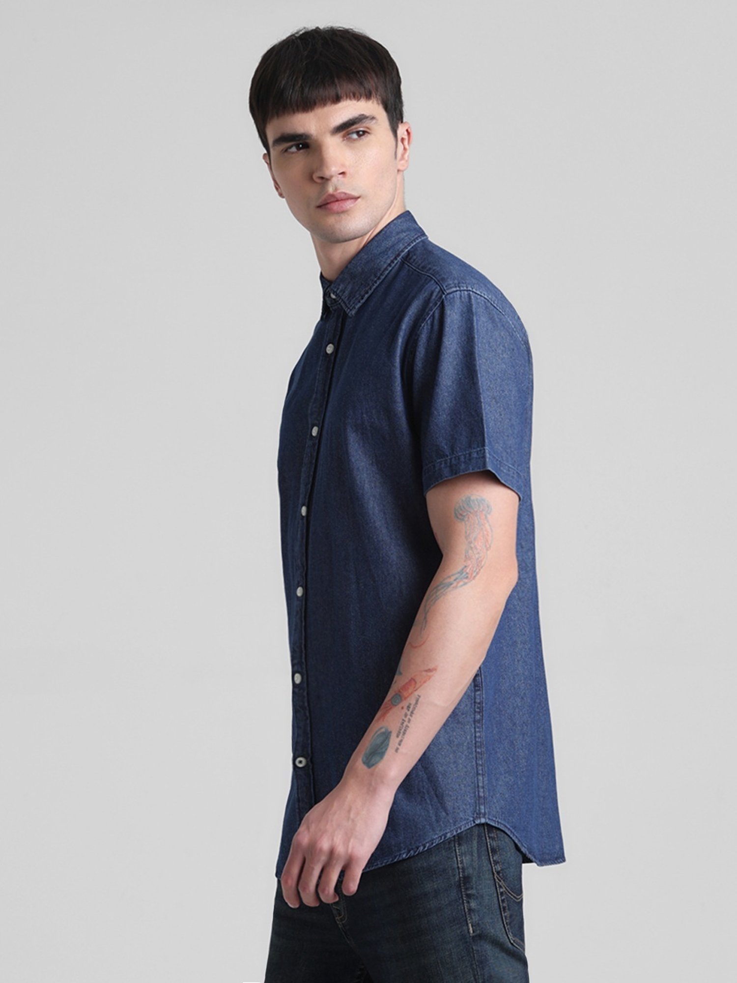 Jack & Jones Dark Blue Denim Cotton Regular Fit Denim Shirt