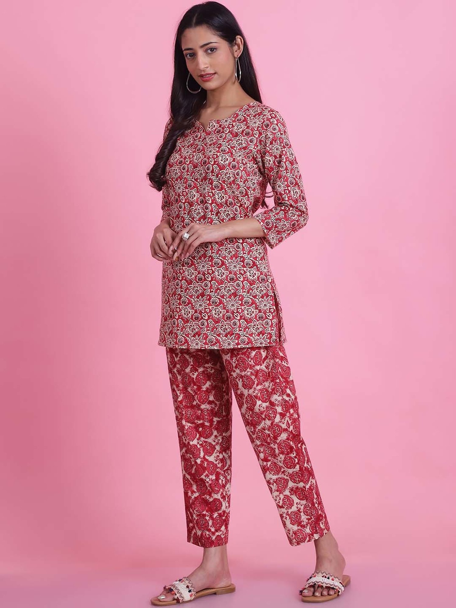 Prakrti Maroon Cotton Floral Print Top Pant Set