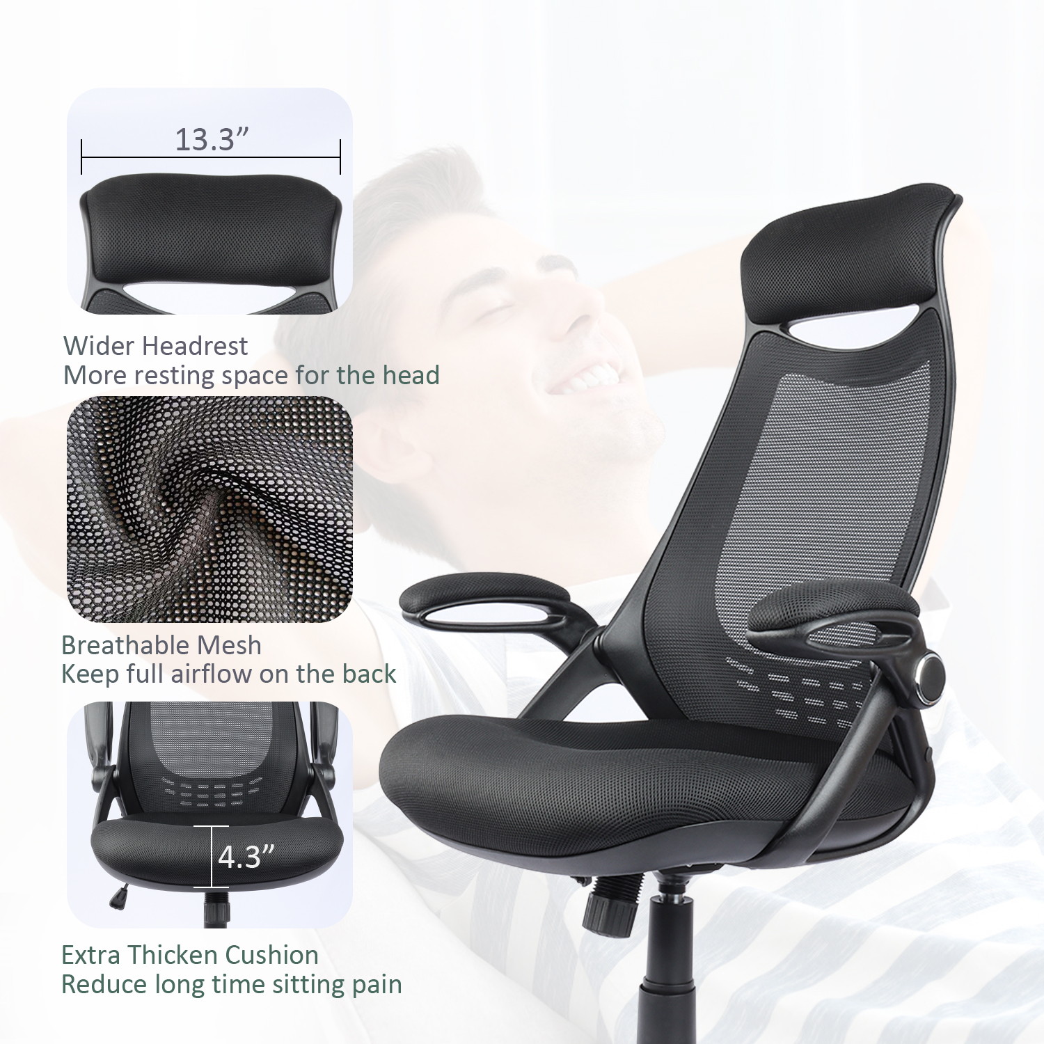 Big and Tall Office Chair Task Desk Chair Mesh Computer Chair Clearance with Headrest and Flip-up Arms, Ergonomic Swivel High-Back Executive Chair, Rocking, Height Adjustable(Black)