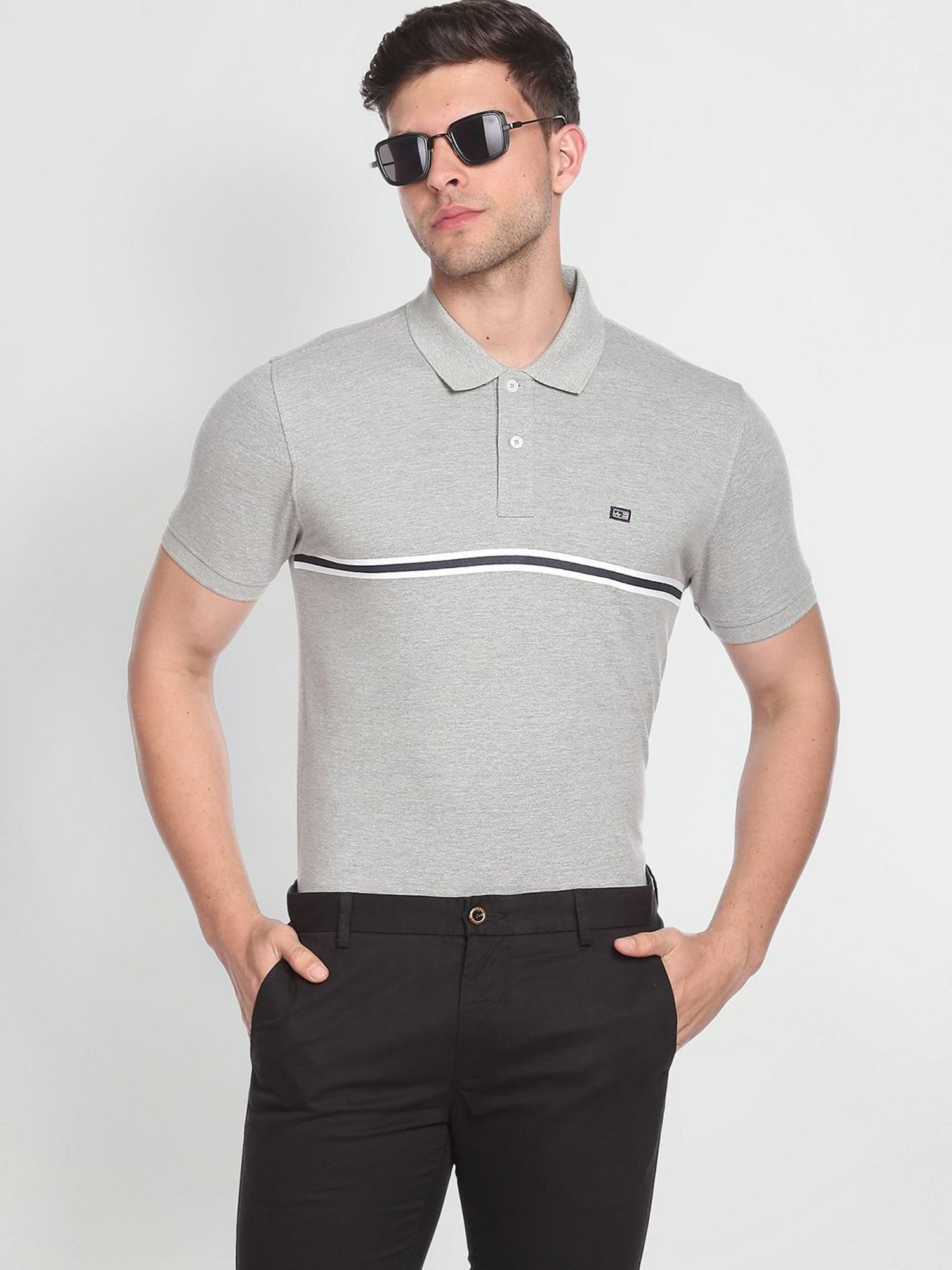 Arrow Sport Dark Grey Cotton Regular Fit Striped Polo T-Shirt