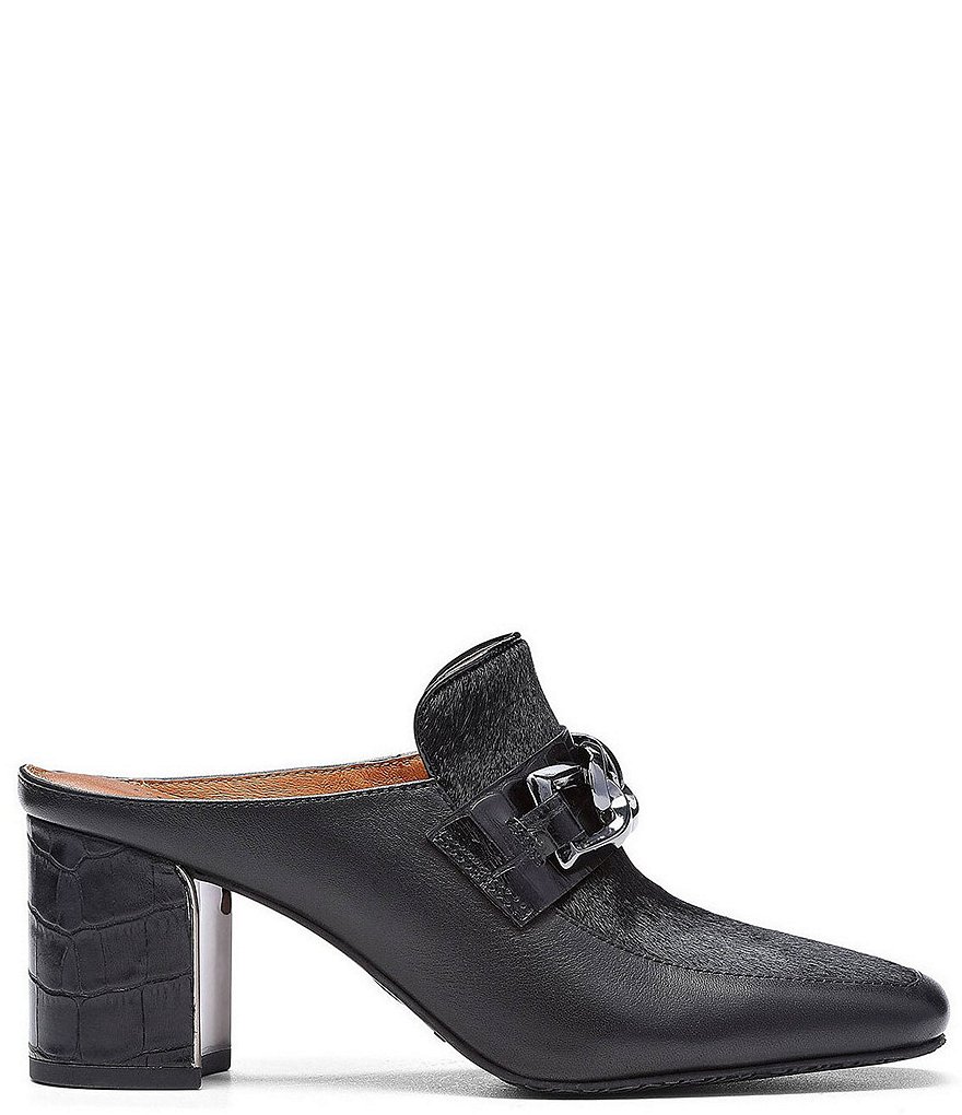 Donald Pliner Caape Leather Calf Hair Croco Heel Chain Strap Mules