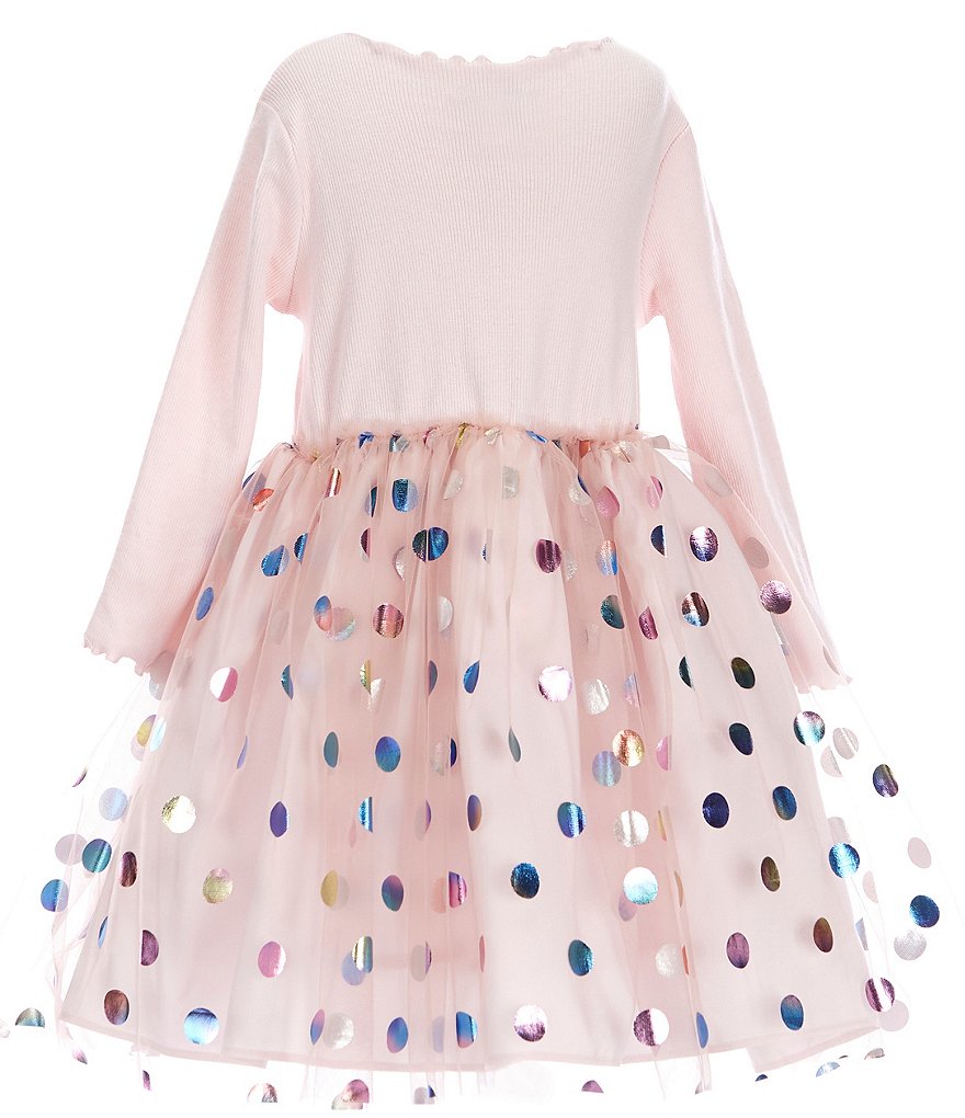 Pippa & Julie Little Girls 2T-6X Long-Sleeve Rib-Knit Bodice/Foiled-Dot Mesh Skirted Mesh Dress