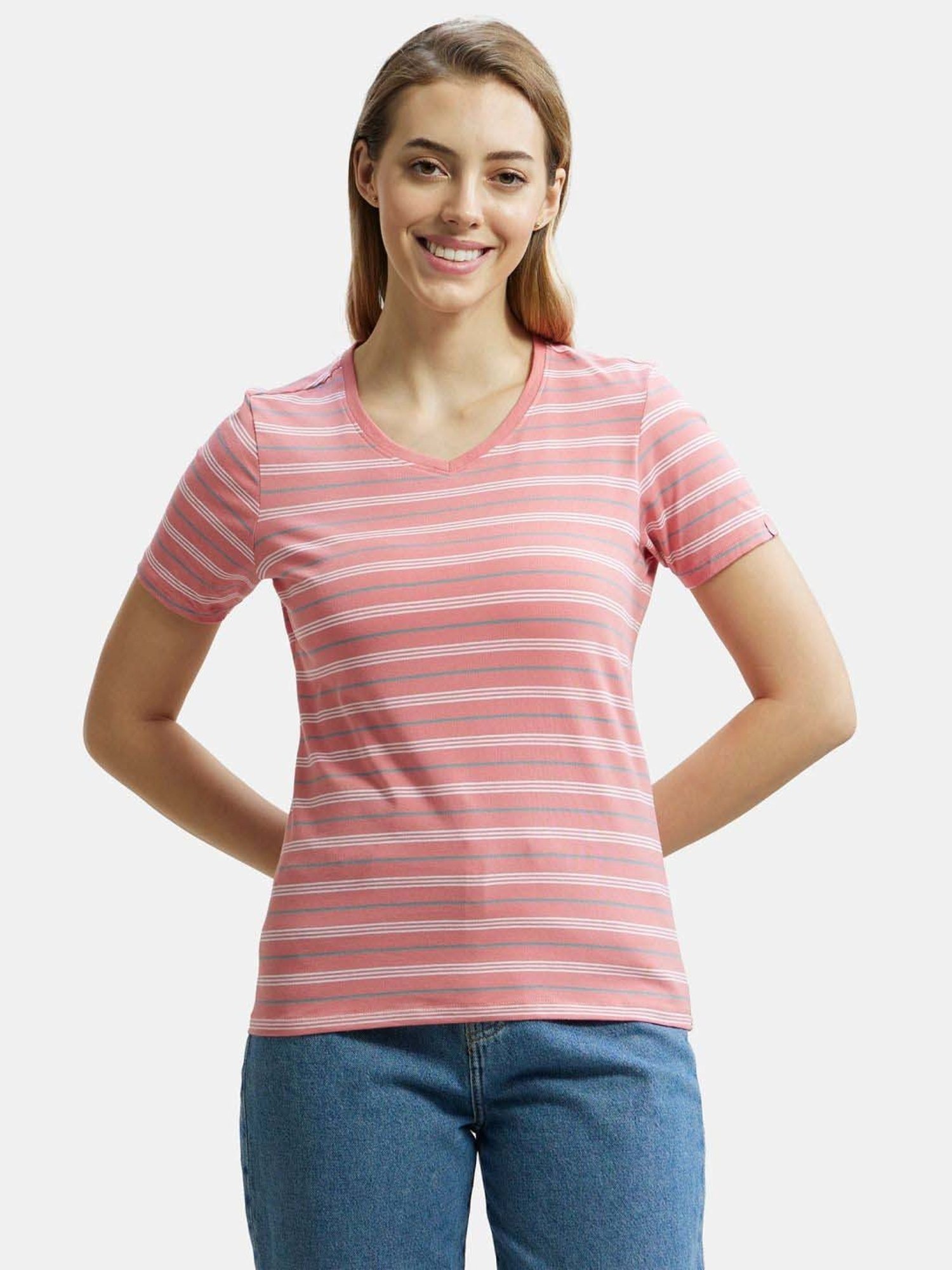 Jockey AW22 Women's Super Combed Cotton Elastane Regular Fit Striped V Neck Half Sleeve T-Shirt