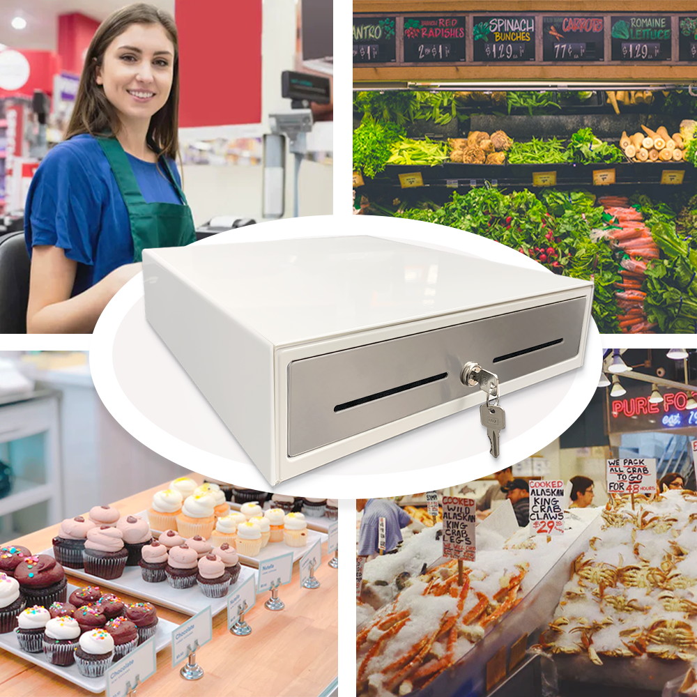 14" White Automatic POS Cash Drawer with Stainless Steel Front