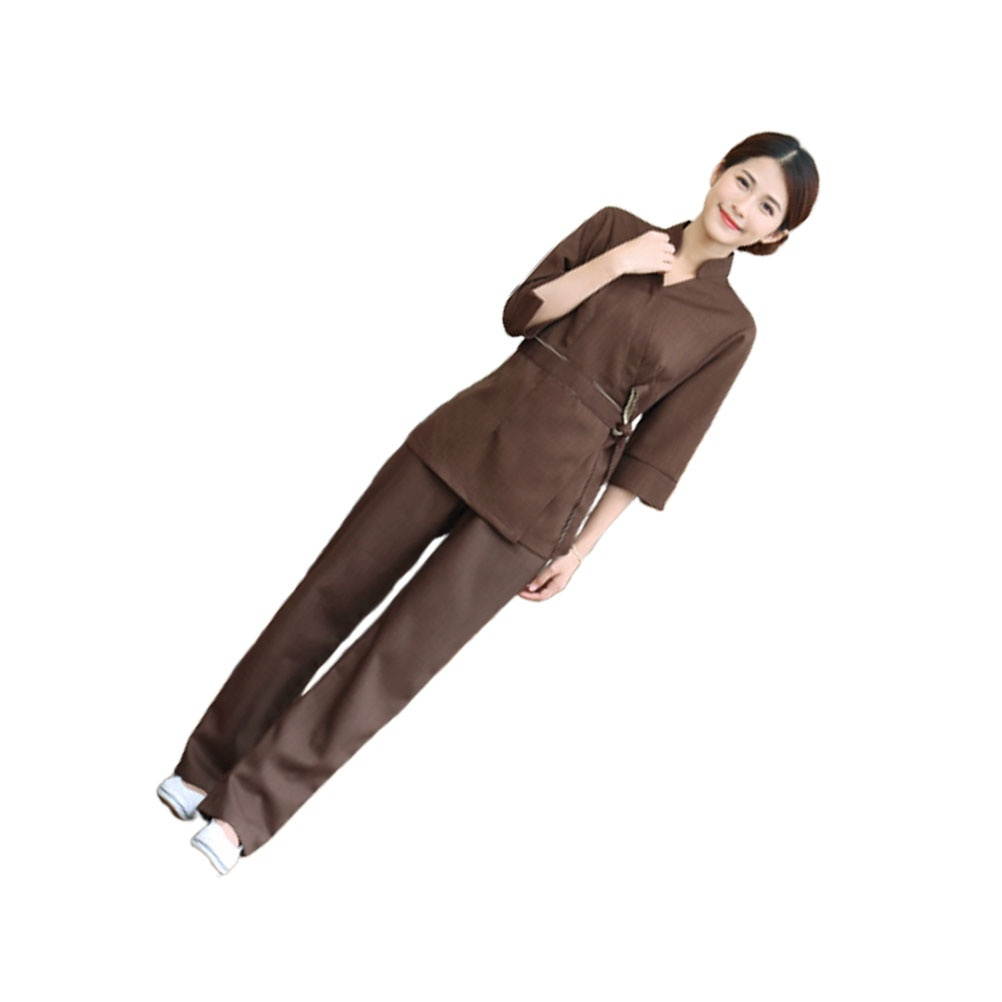 1 Set/2pcs Unique Design Beautician Uniform Hospital Apparel Clothes Labour Suit Two-pieces Fashion Costume for Woman (Coffee, Size M)