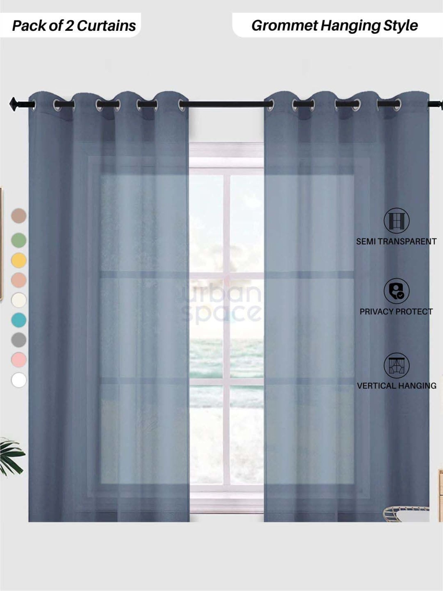 Urban Space Blue Polyester Window Curtain With Tieback & Eyelet - Set of 2