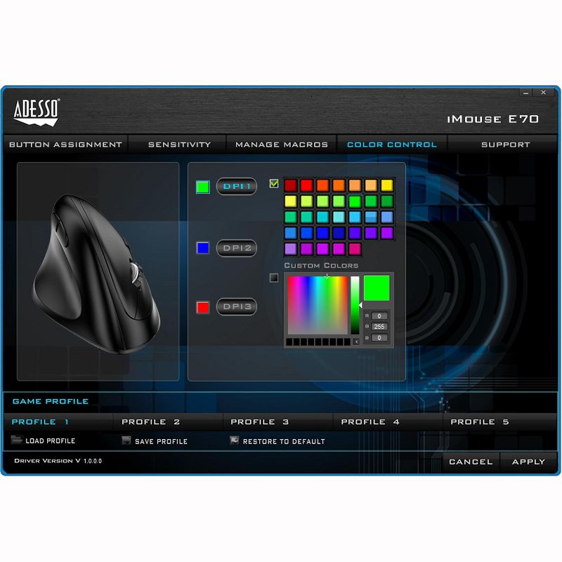 Adesso iMouse E70 - 2.4 GHz Wireless Vertical Lefthanded Programmable Mouse - Optical - Wireless - Radio Frequency - USB - 4800 dpi - Scroll Wheel