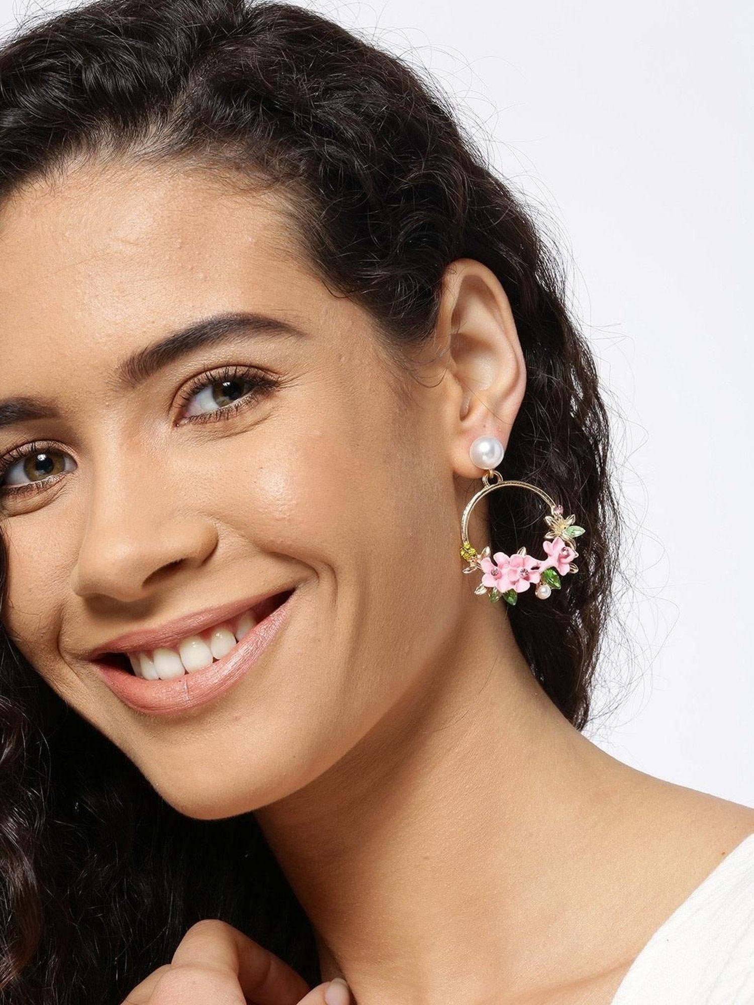 YouBella Rose-Gold Tone Multi Stone Studded Chand Bali Earrings for Women