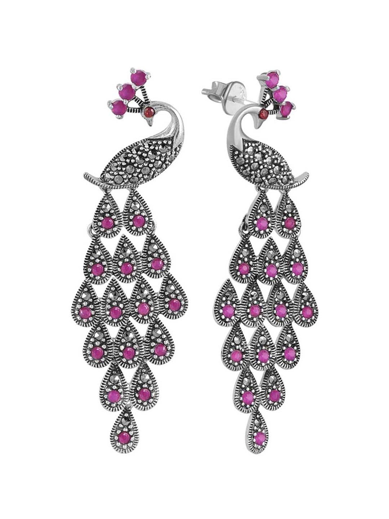 Rihi by P.C. Chandra Jewellers 92.5 Sterling Silver Pink Peacock Dangler Earrings for Women & Girls