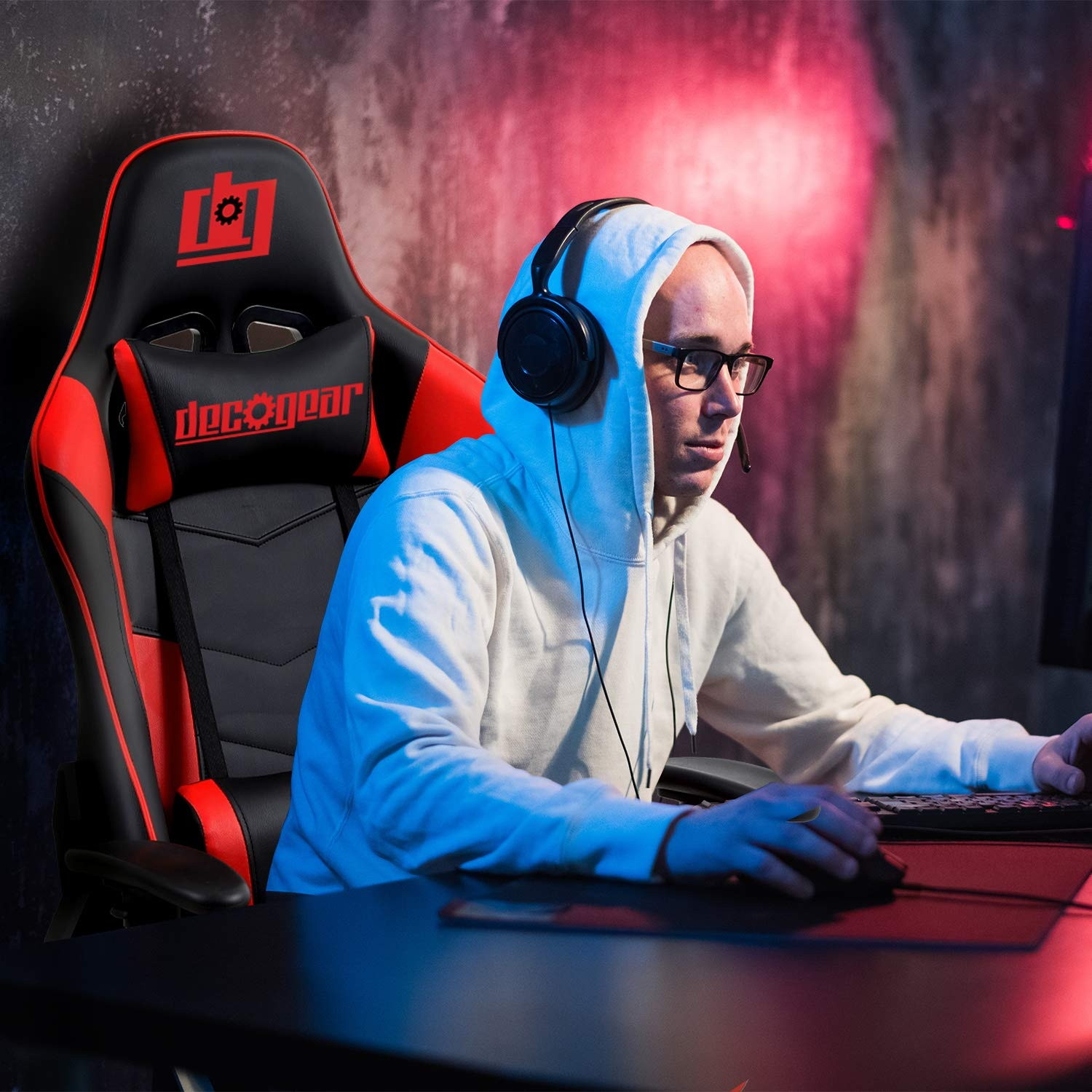 DGCH02 Red Ergonomic Foam Gaming Computer Chair with Adjustable Head and Lumbar Support, Hydraulic Seat Adjustment, Adjustable Armrests, 360-Degree Spin, Rolling Caster Wheels