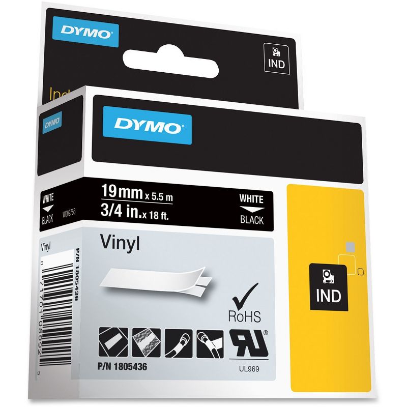 Dymo Colored 3/4" Vinyl Label Tape - Permanent Adhesive - 15/32" Width x 18 ft Length - Thermal Transfer - White - Vinyl - 1 Each