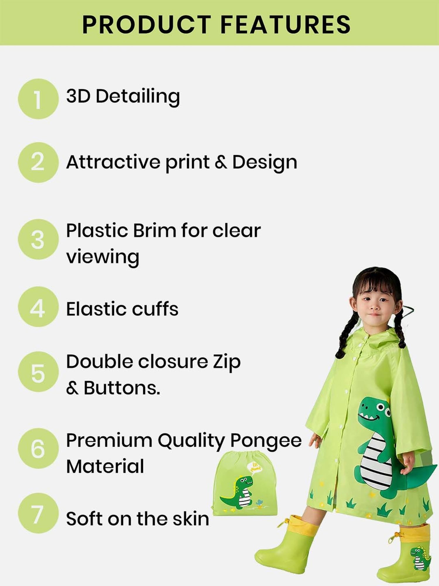 Little Surprise Box Kids Green Printed Full Sleeves Raincoat