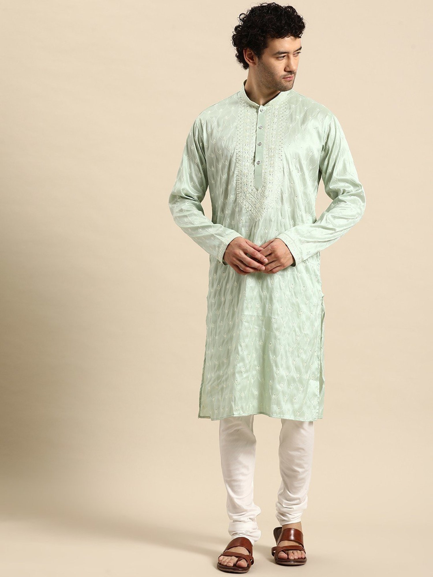 ManQ Green Regular Fit Embroidered Kurta