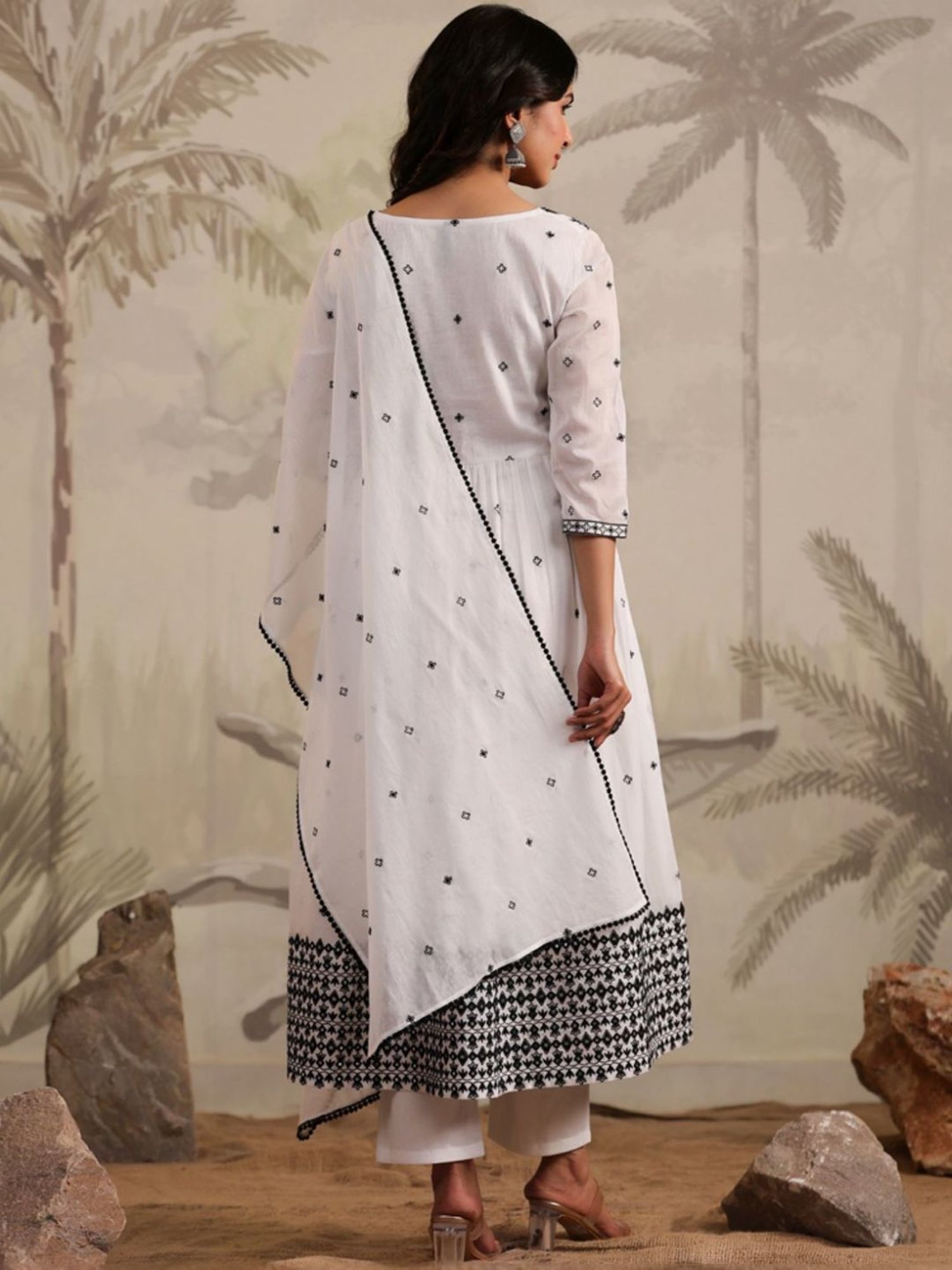 SCAKHI White Mulmul Embroidered Anarkali Kurta And Pant With Dupatta