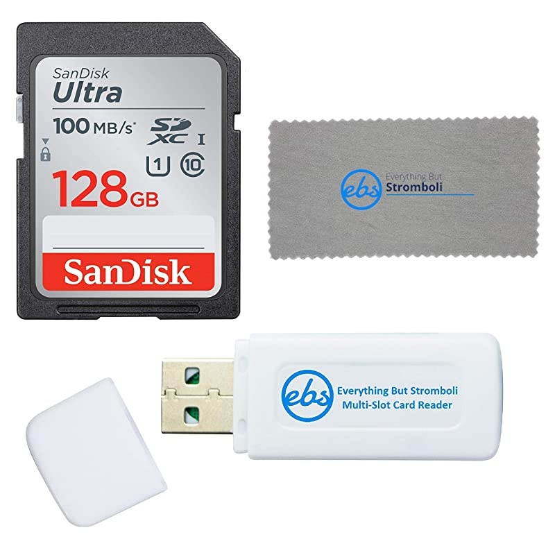 128GB SD Ultra Memory Card Works with Panasonic Lumix Digital Cameras (SDSDUNR-128G-GN6IN) Bundle with (1) Everything But Stromboli Card Reader & Micro Fiber Cloth