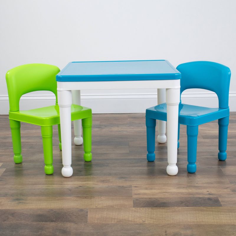 Kids' 2 in 1 Square Activity Table and Chair Set with 100pc Building Blocks White/Green/Blue - Humble Crew
