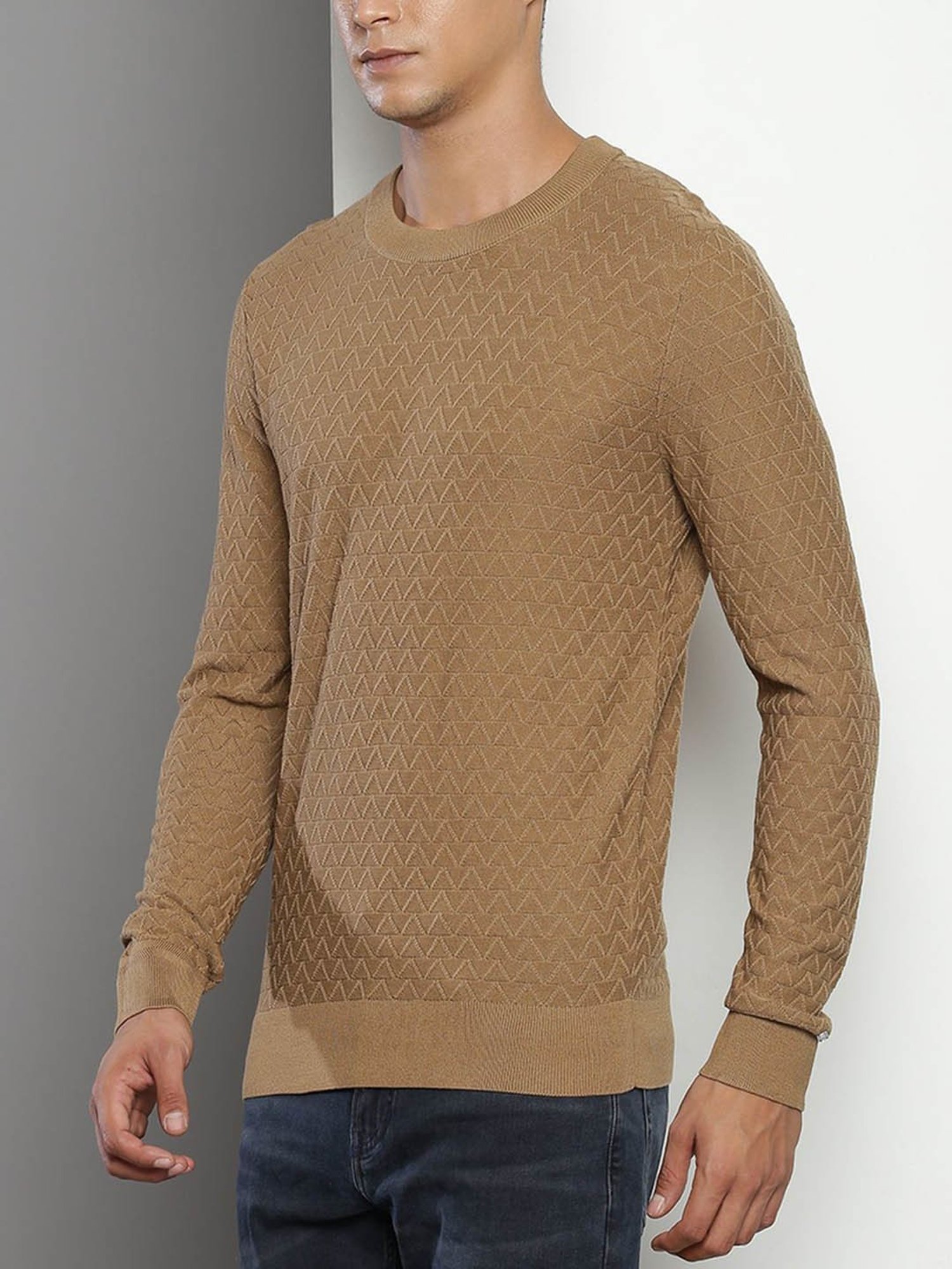 Tommy Hilfiger Beige Cotton Regular Fit Self Pattern Sweater