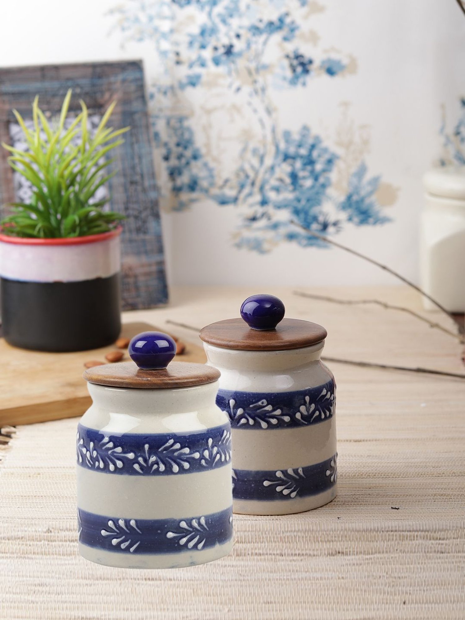 VarEesha Blue Ceramic Jar with Wooden Lid - Set of 2