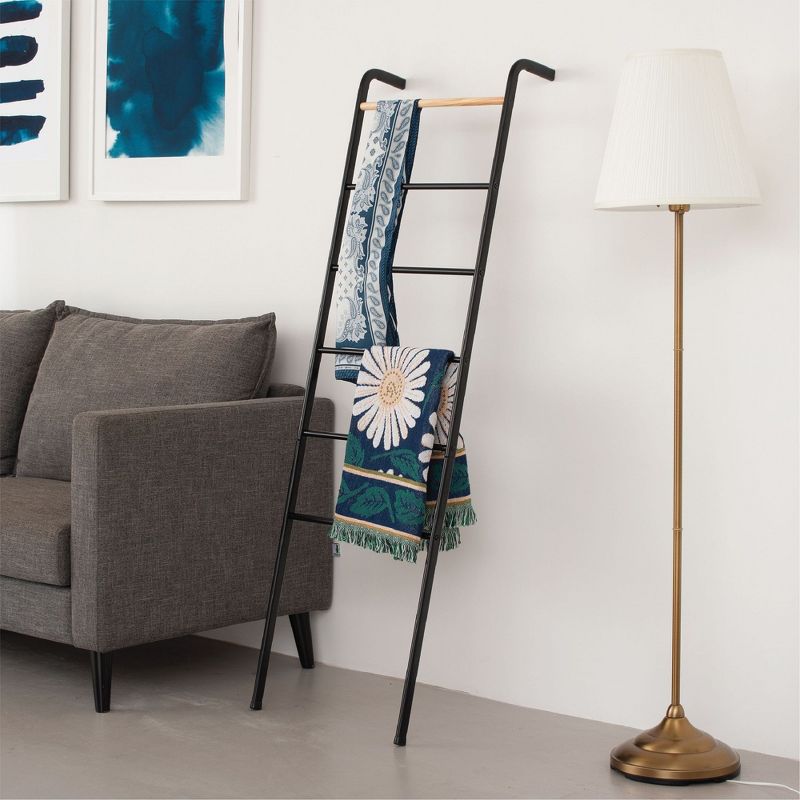 Wall Leaning Decorative Ladder Rack For Blankets, Quilt, Towels, Linen, Living Room, Bedroom, Bathroom Storage, 5.3 ft in Black