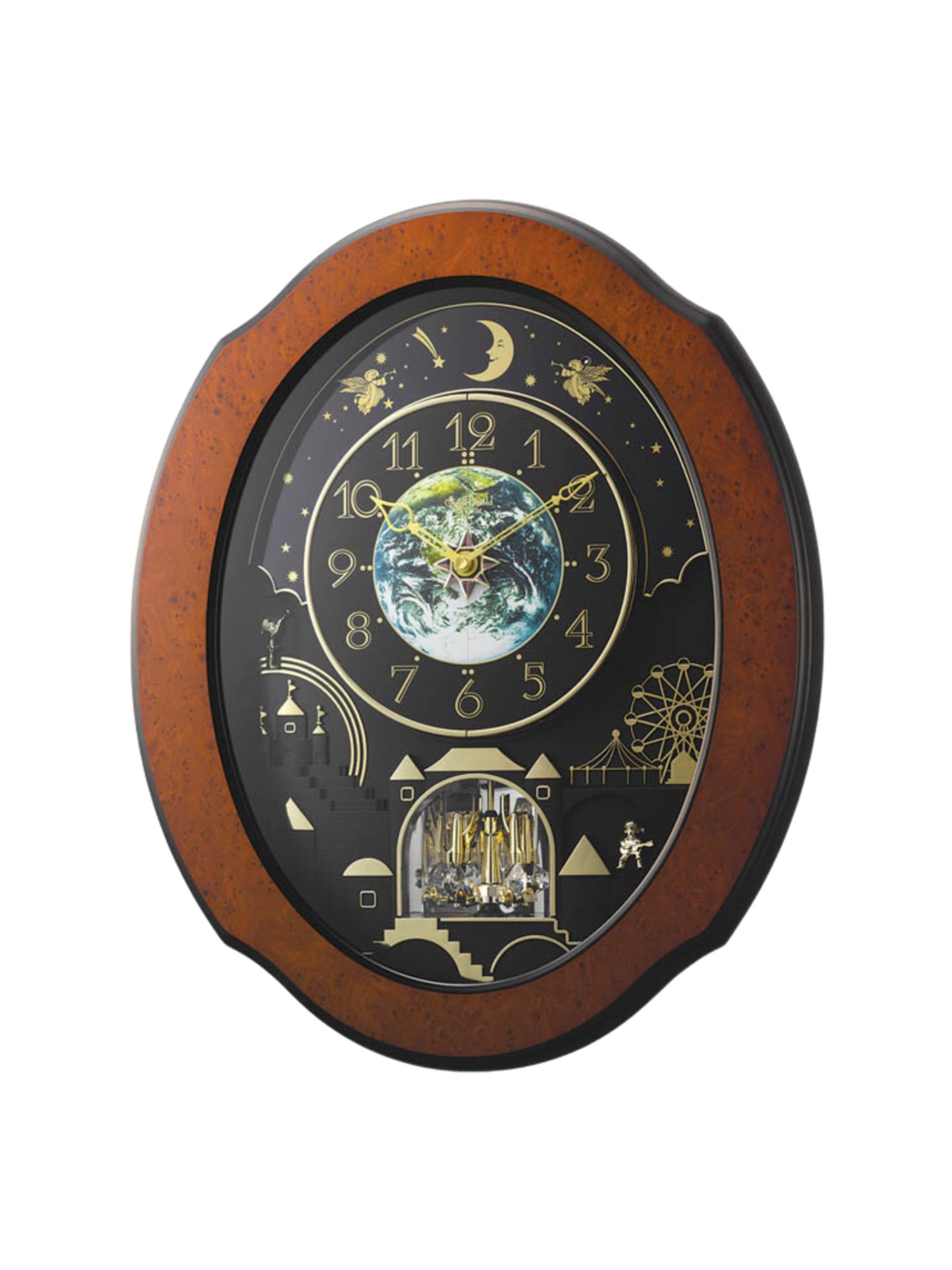 RHYTHM Brown Wood Stylish Oval Shaped Melodies In Motion Wall Clock