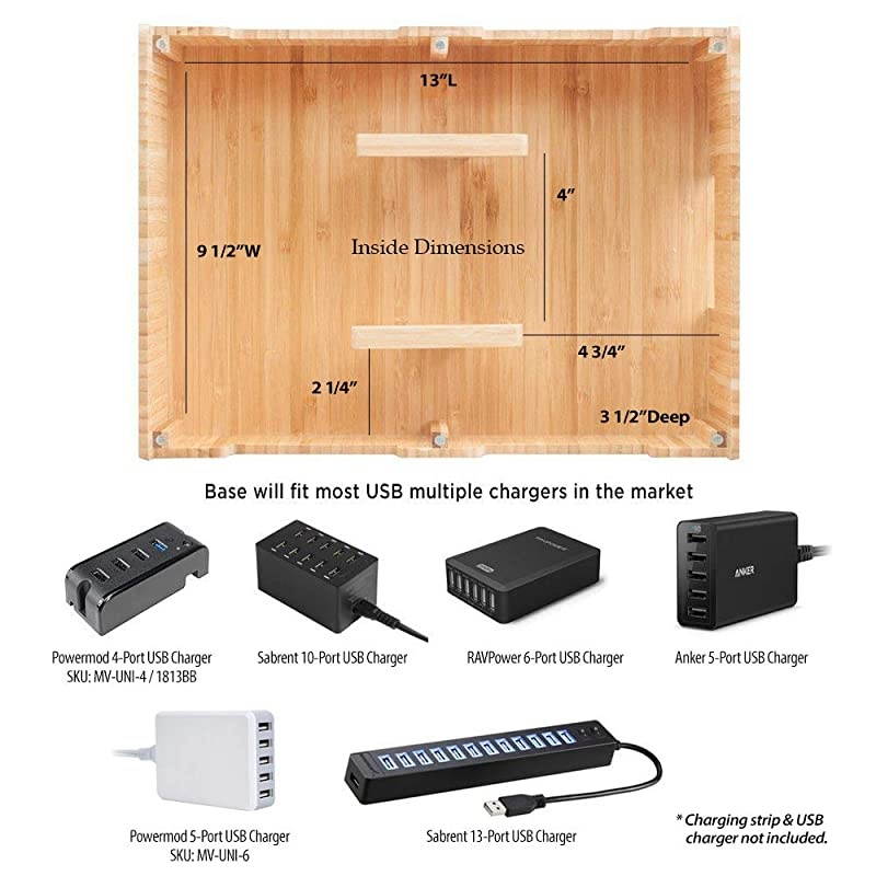 Bamboo 10Port Charging Station Docking Organizer for Smartphones Tablets FamilySized for use in Corporate Offices Classrooms